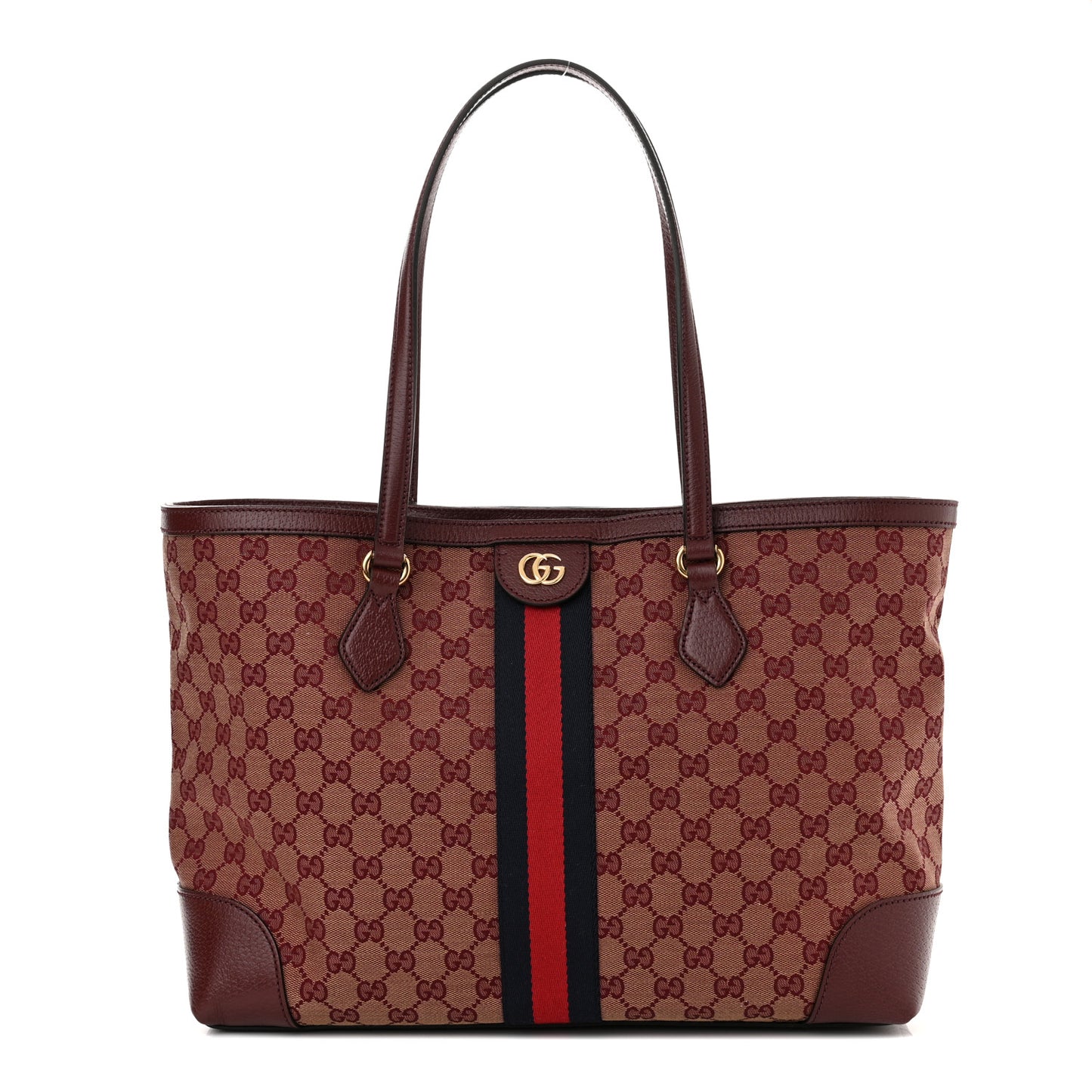 Monogram Textured Dollar Calfskin Web Medium Ophidia Shopping Tote Sahara Rubino Chardonnay