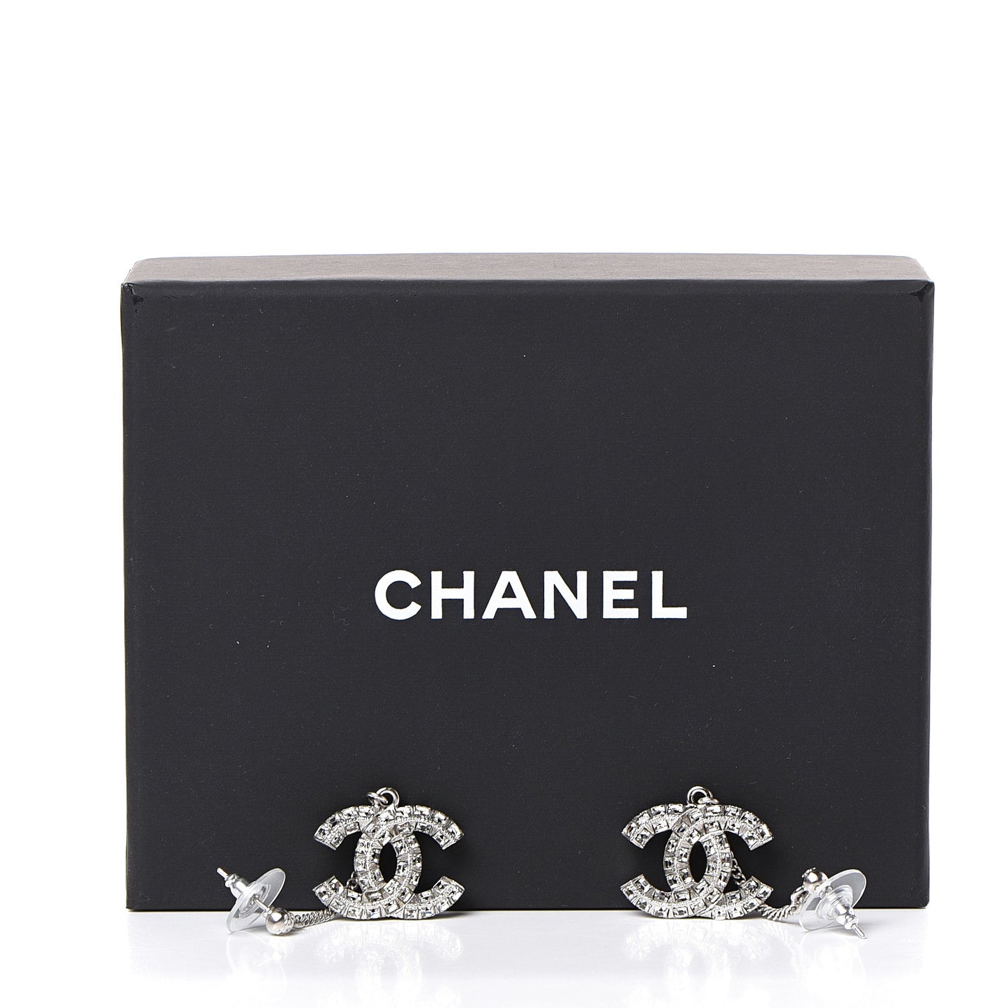 Baguette Crystal CC Drop Earrings Silver