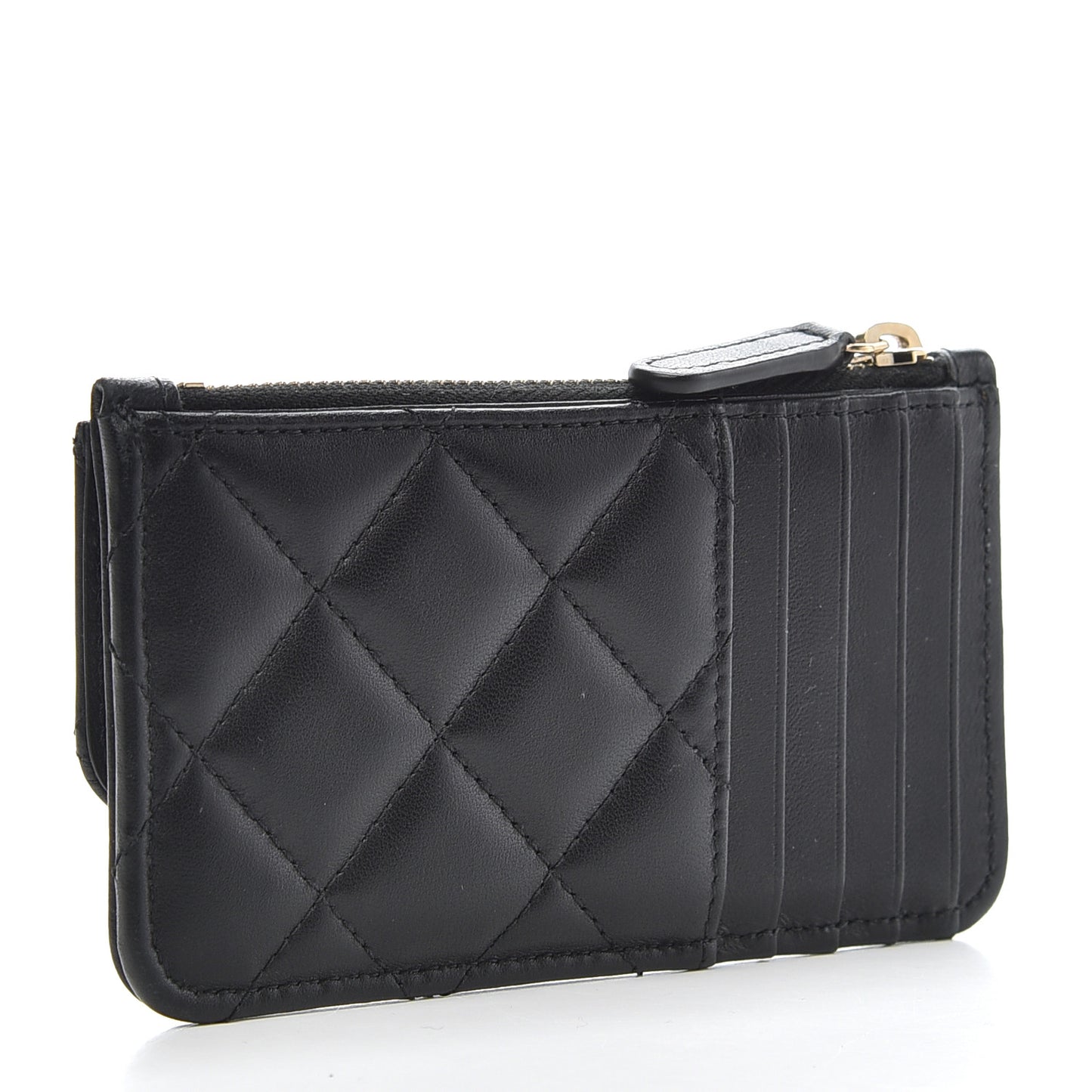 Lambskin Quilted Flap Zip Card Holder Black