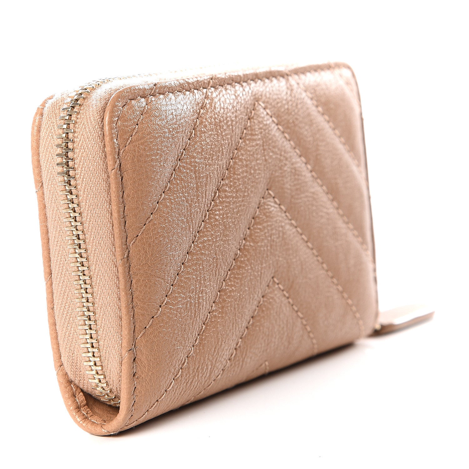 Chanel Glazed Lambskin Chevron Quilted Zip Around Coin Purse Beige 2 of 10