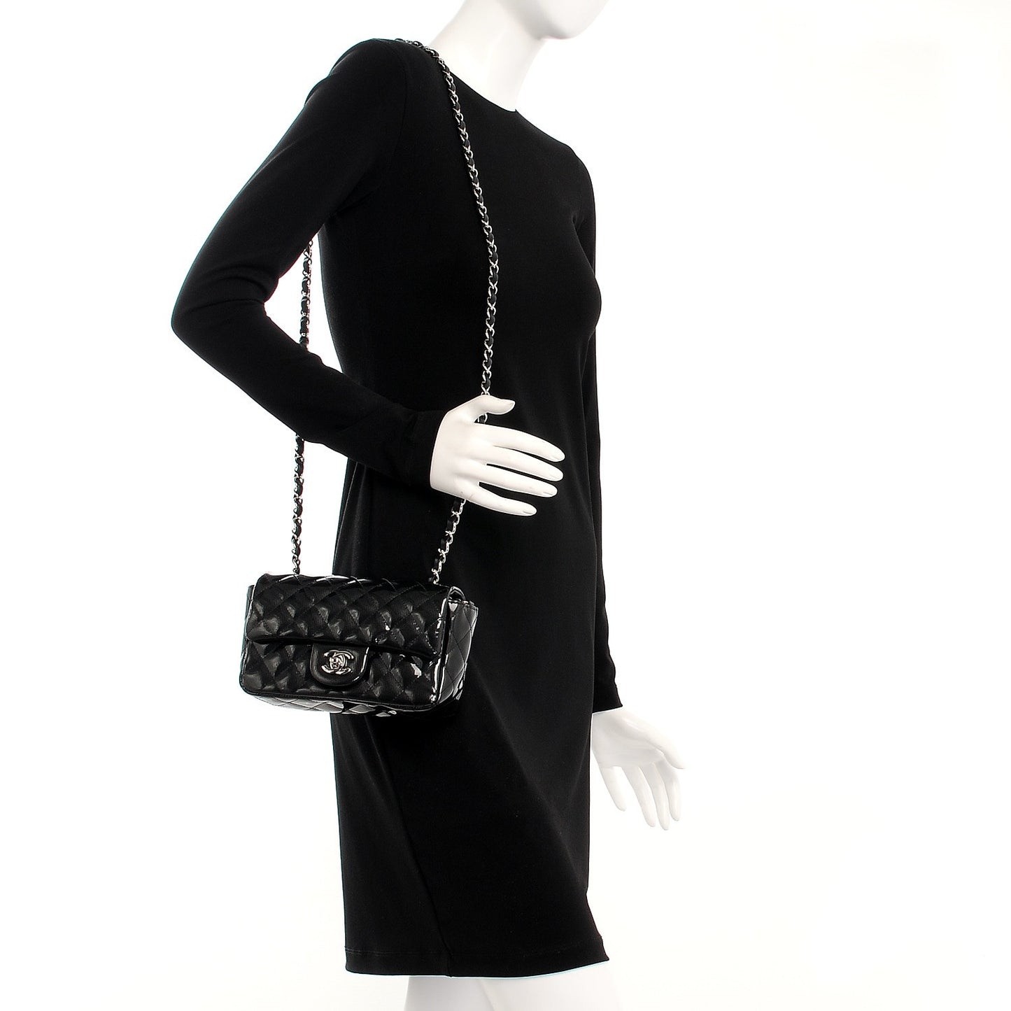 Striated Patent Quilted Mini Rectangular Flap Black