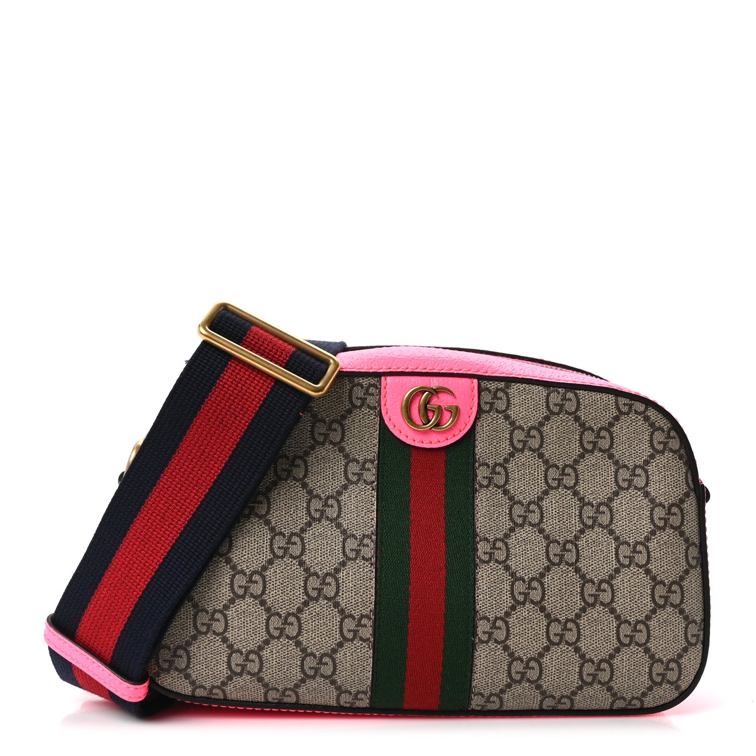 Gucci GG Supreme Monogram Textured Dollar Calfskin Web Ophidia Small Crossbody Bag Beige Ebony Fuchsia 1 of 10