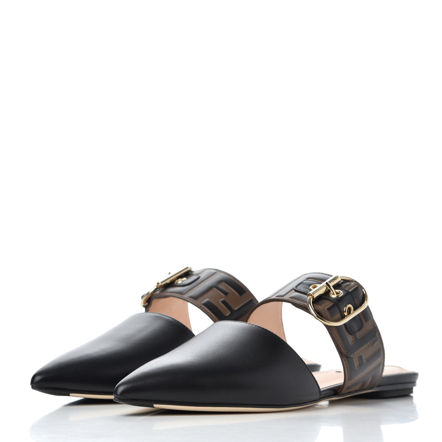 Vitello FF Embossed Buckle Flat Mules 38.5 Maya Black