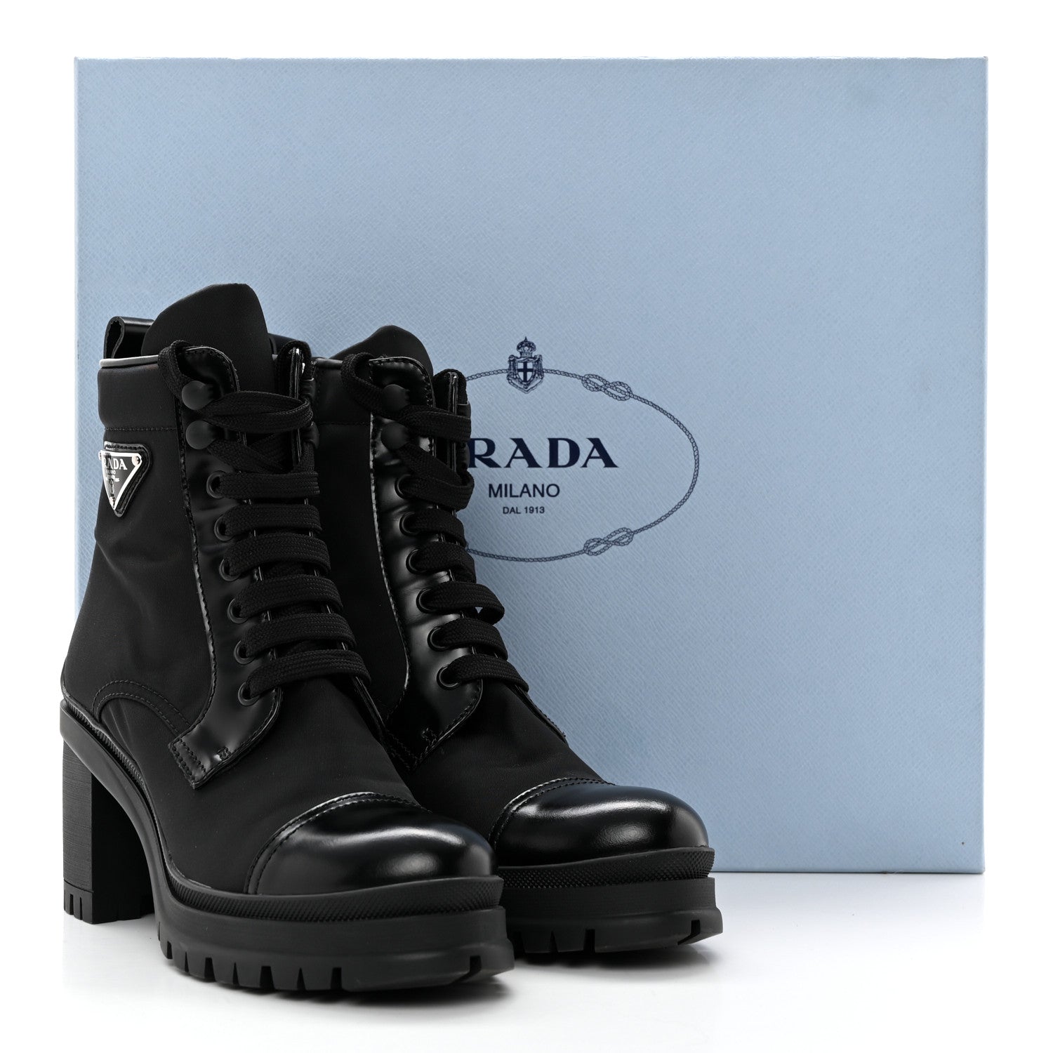 Prada Spazzolato Re-Nylon Metal Triangle Logo Lace Up 55mm Ankle Boots 36.5 Black 13 of 13