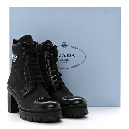 Prada Spazzolato Re-Nylon Metal Triangle Logo Lace Up 55mm Ankle Boots 36.5 Black 13 of 13