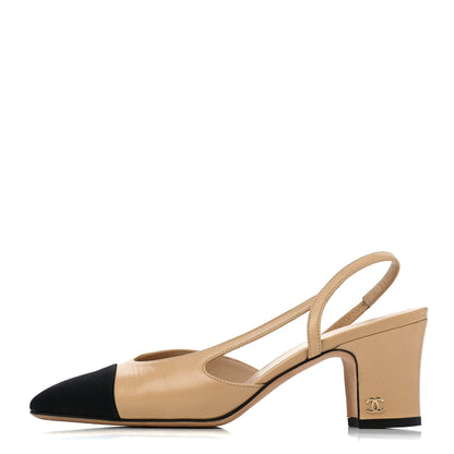 Chanel Goatskin Grosgrain Cap Toe CC Slingback Pumps 35.5 Beige Black 1 of 4