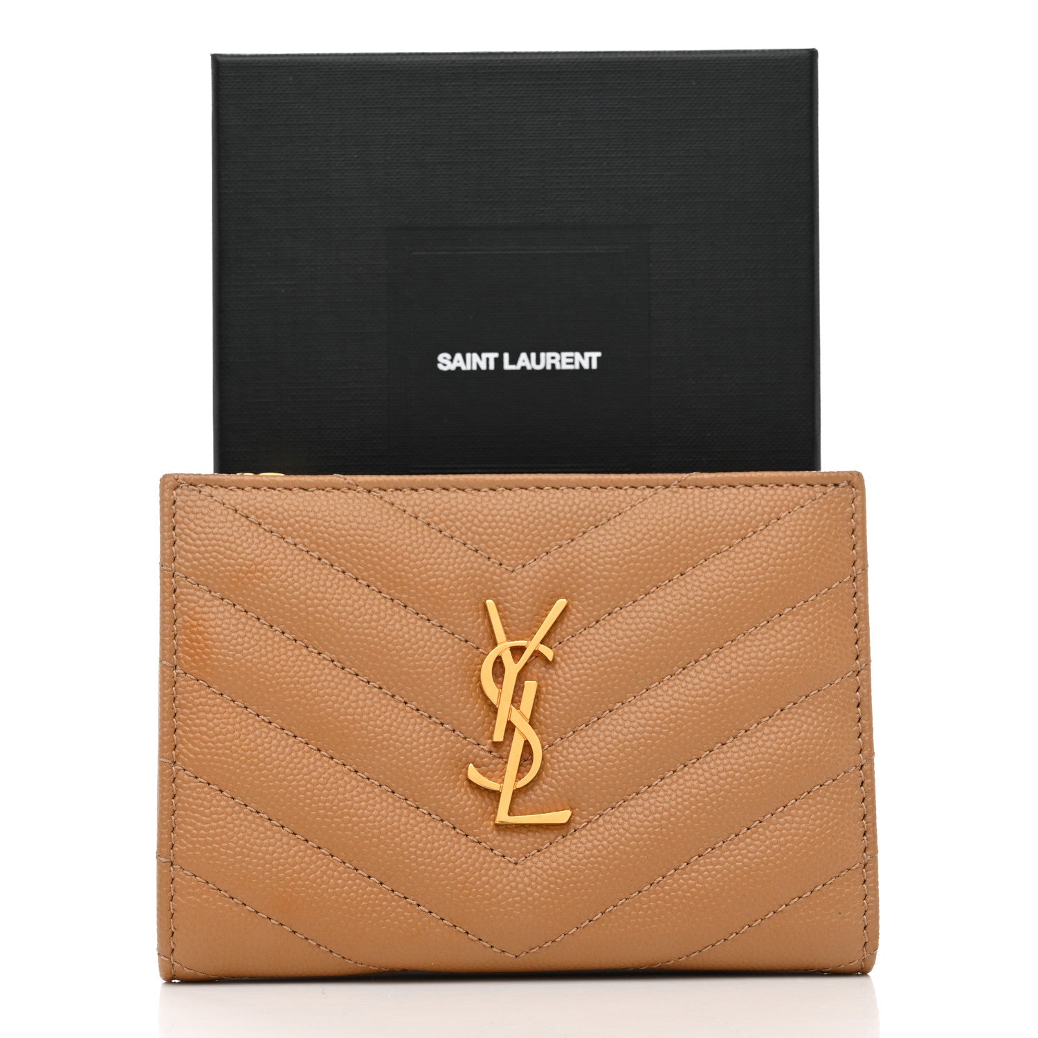 Saint Laurent Grain De Poudre Matelasse Chevron Monogram Zipped Two-Part Wallet Natural Dark 9 of 9