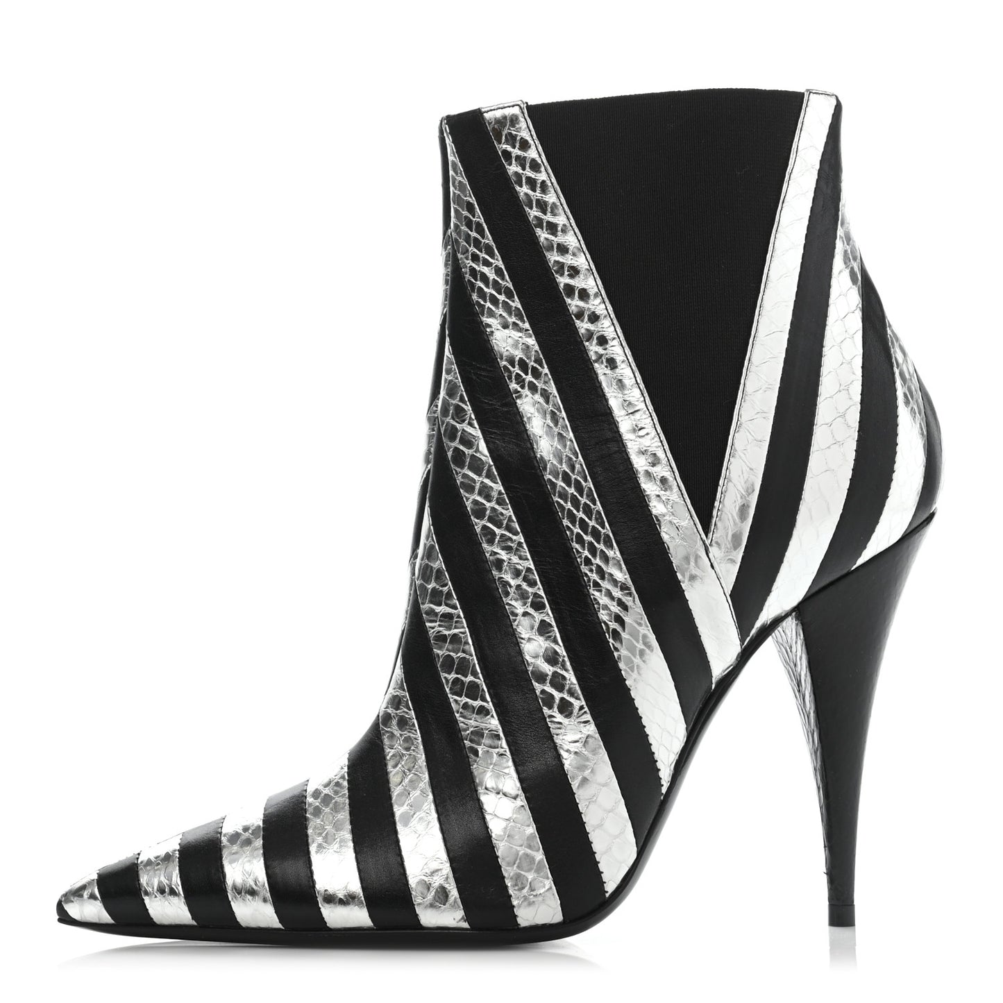 Calfskin Snakeskin Effect Kiki Contrast Stripe Chelsea Pointed Toe Ankle Boots 39 Black Silver