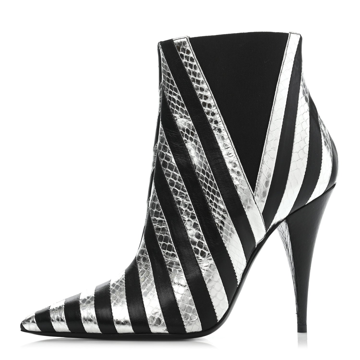 Saint Laurent Calfskin Snakeskin Effect Kiki Contrast Stripe Chelsea Pointed Toe Ankle Boots 39 Black Silver 1 of 12