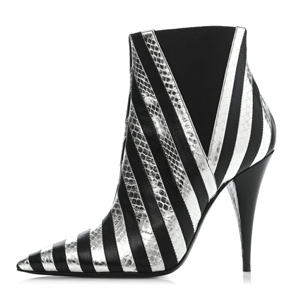 Saint Laurent Calfskin Snakeskin Effect Kiki Contrast Stripe Chelsea Pointed Toe Ankle Boots 39 Black Silver 1 of 12
