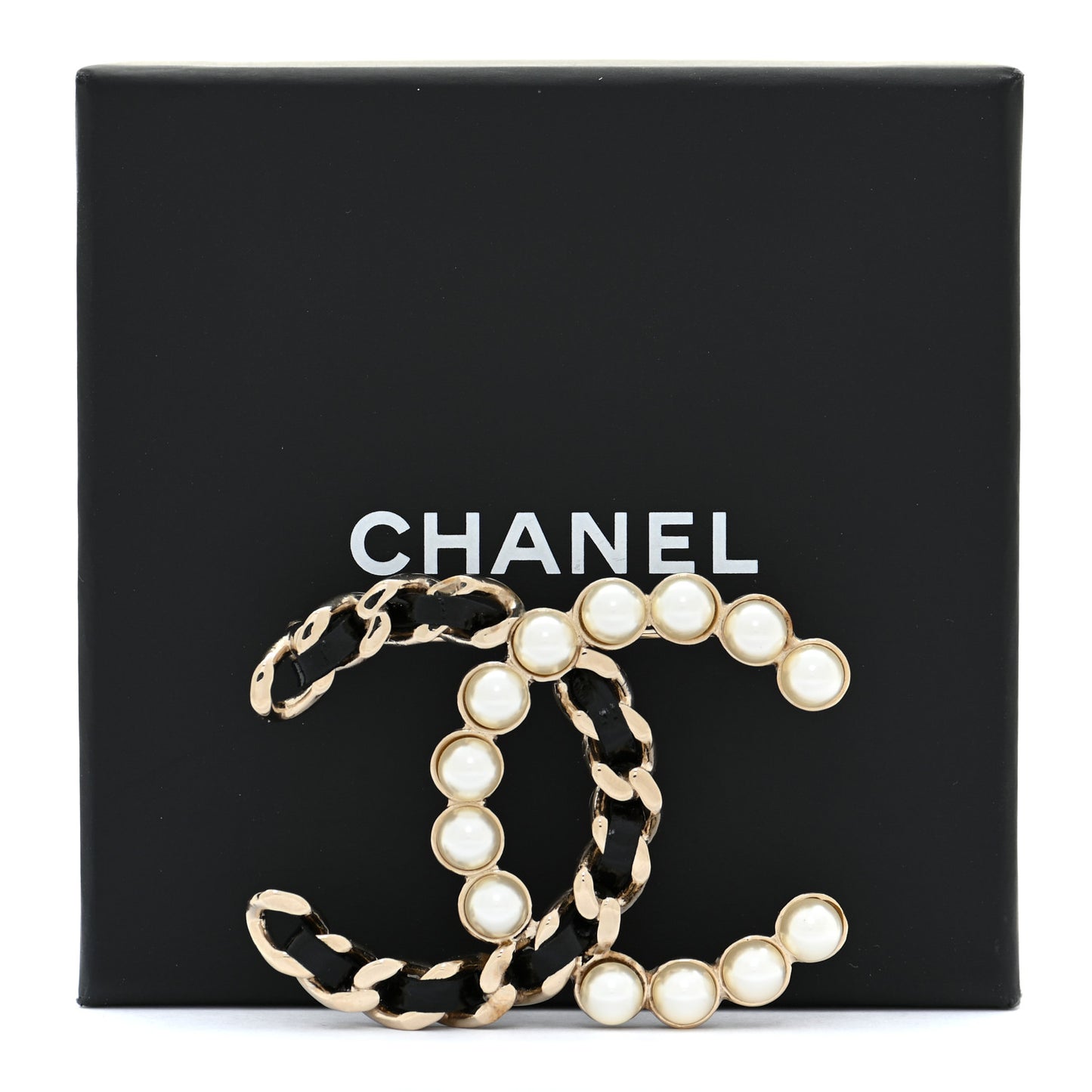 Lambskin Pearl CC Chain Brooch Black Gold