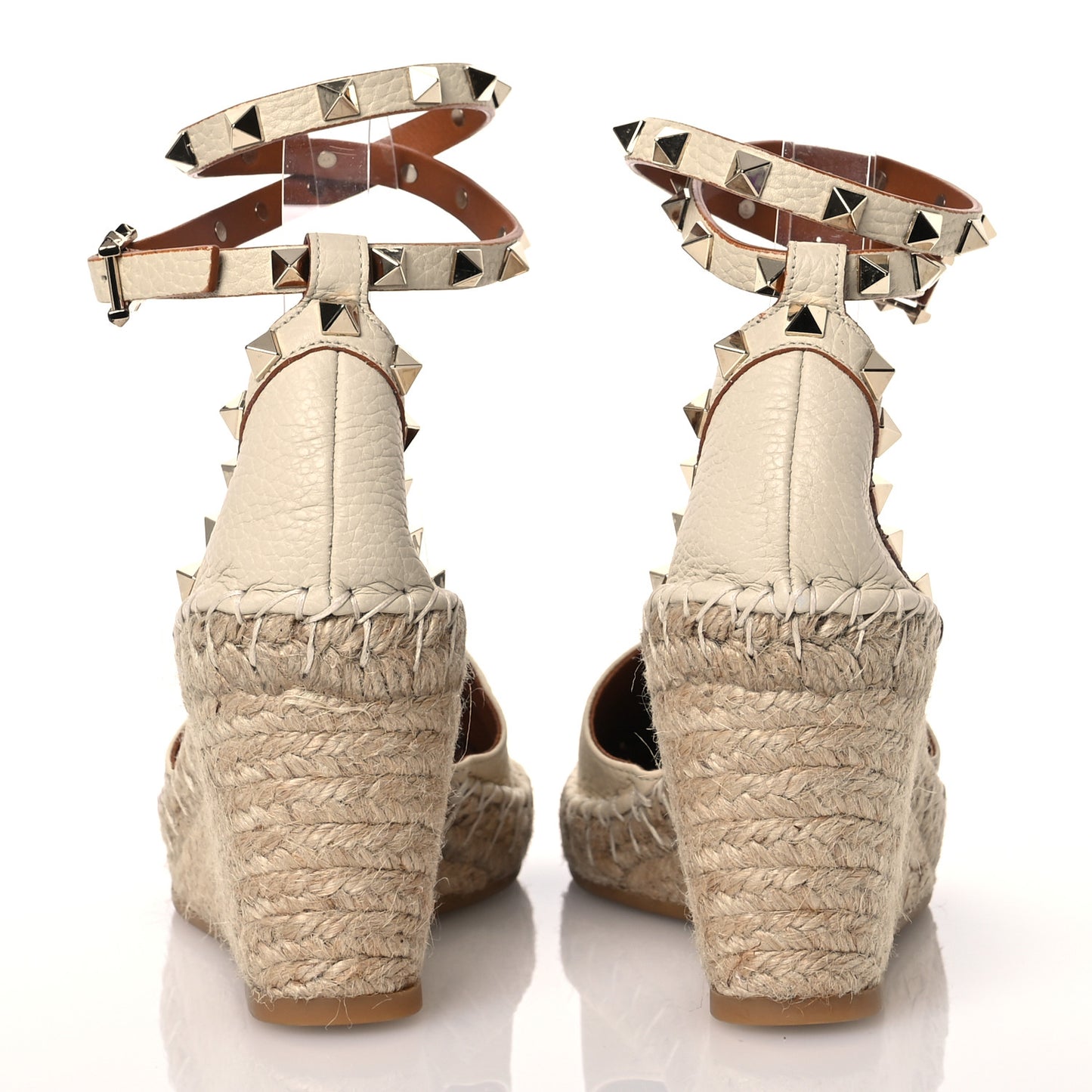 Grained Calfskin Rockstud Ankle Wrap Espadrille 15/85mm Wedges 38 Light Ivory