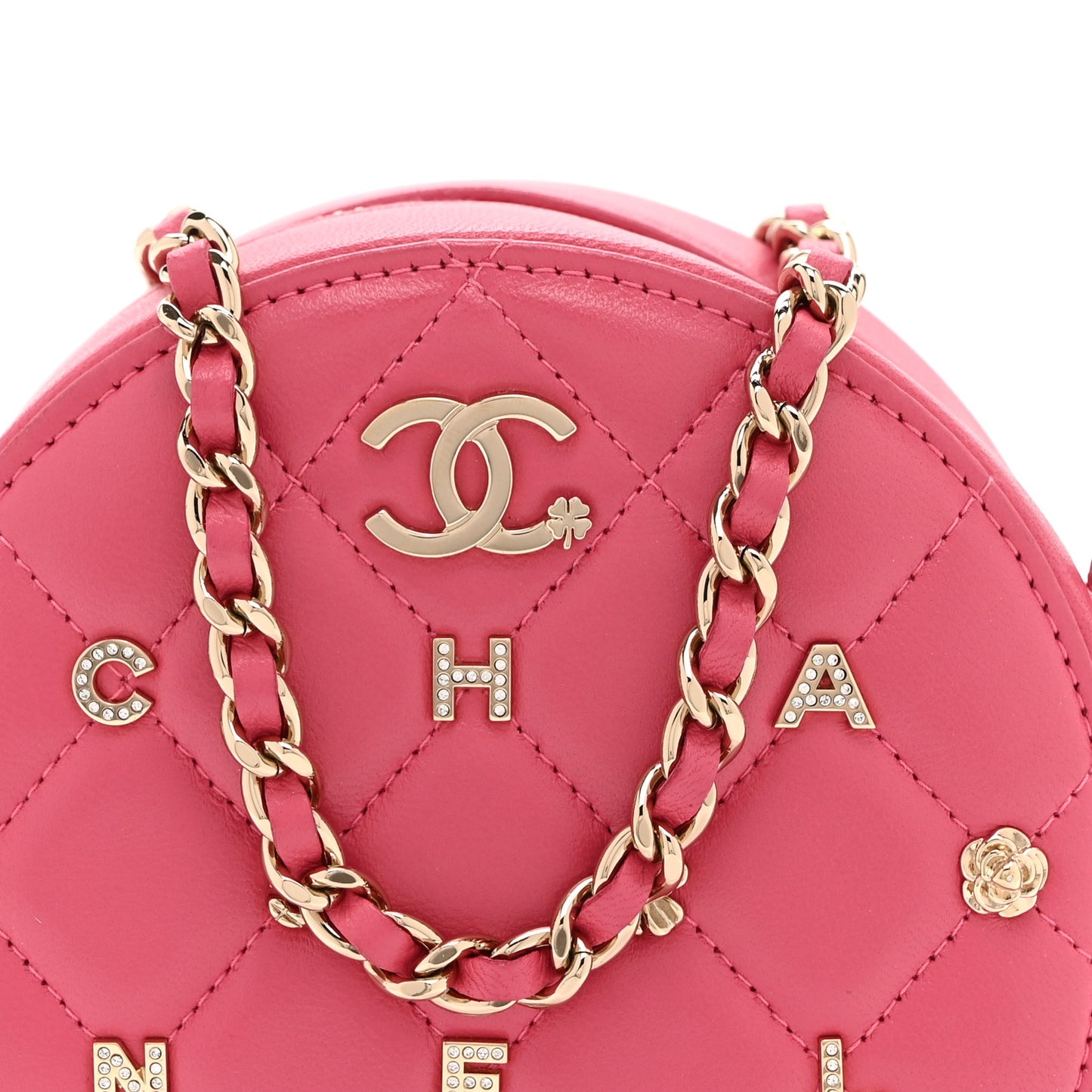 Lambskin Quilted Studded Round Clutch With Chain Dark Pink