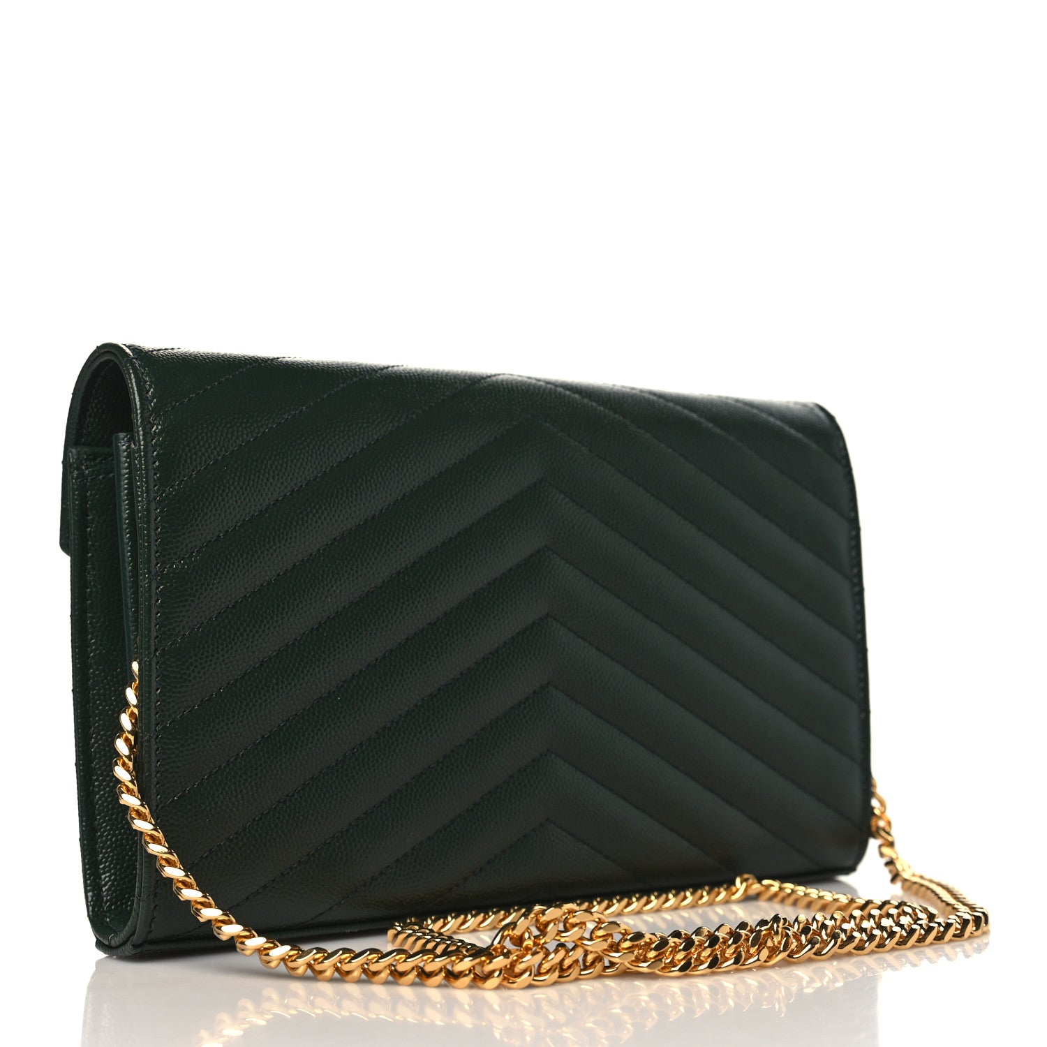 Saint Laurent Grain De Poudre Matelasse Chevron Monogram Chain Wallet Dark Green 2 of 8