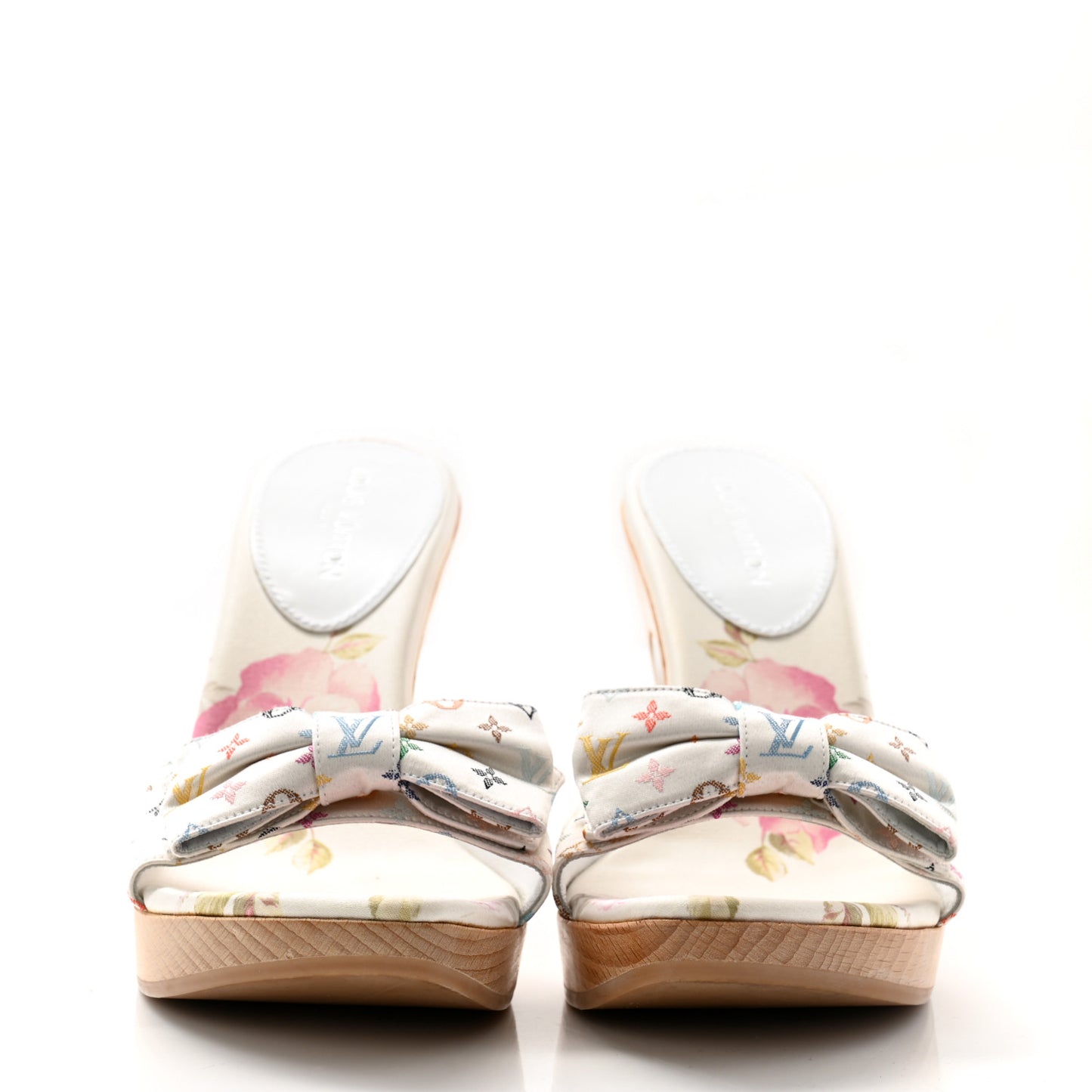 Satin Wood Floral Monogram Multicolor Sandal Pumps 35 White