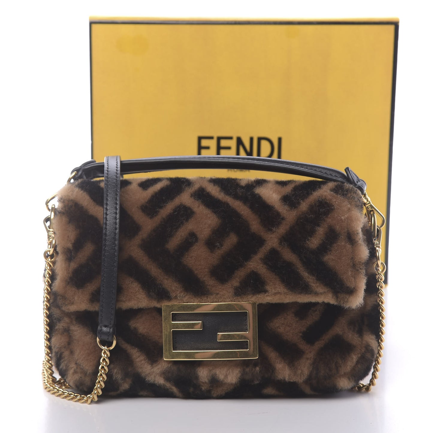 Shearling Vitello Dolce Macro FF 1974 Mini Baguette Tobacco Black