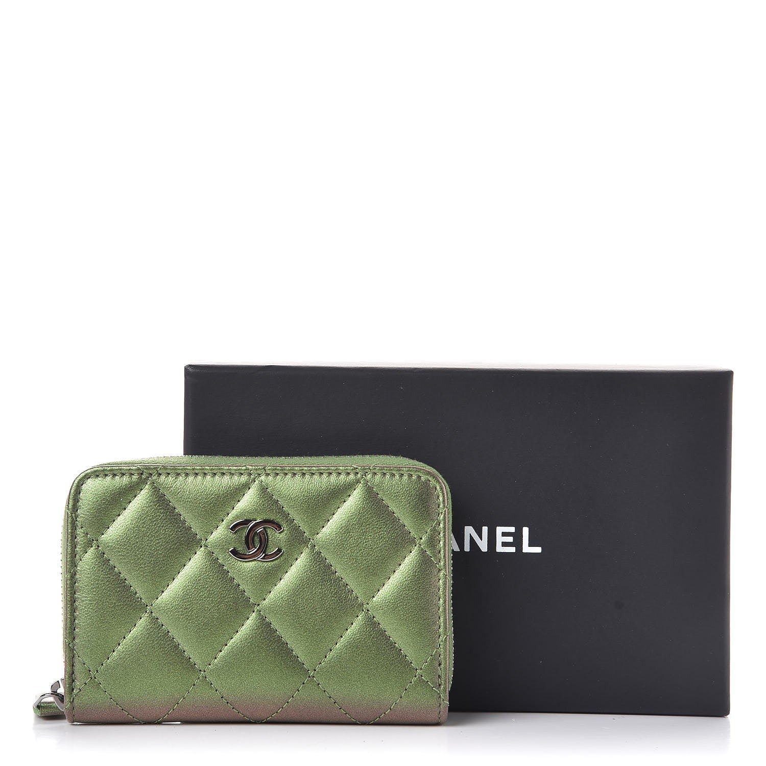 Chanel Metallic Lambskin Quilted Zip Around Coin Purse Wallet Green 8 of 8