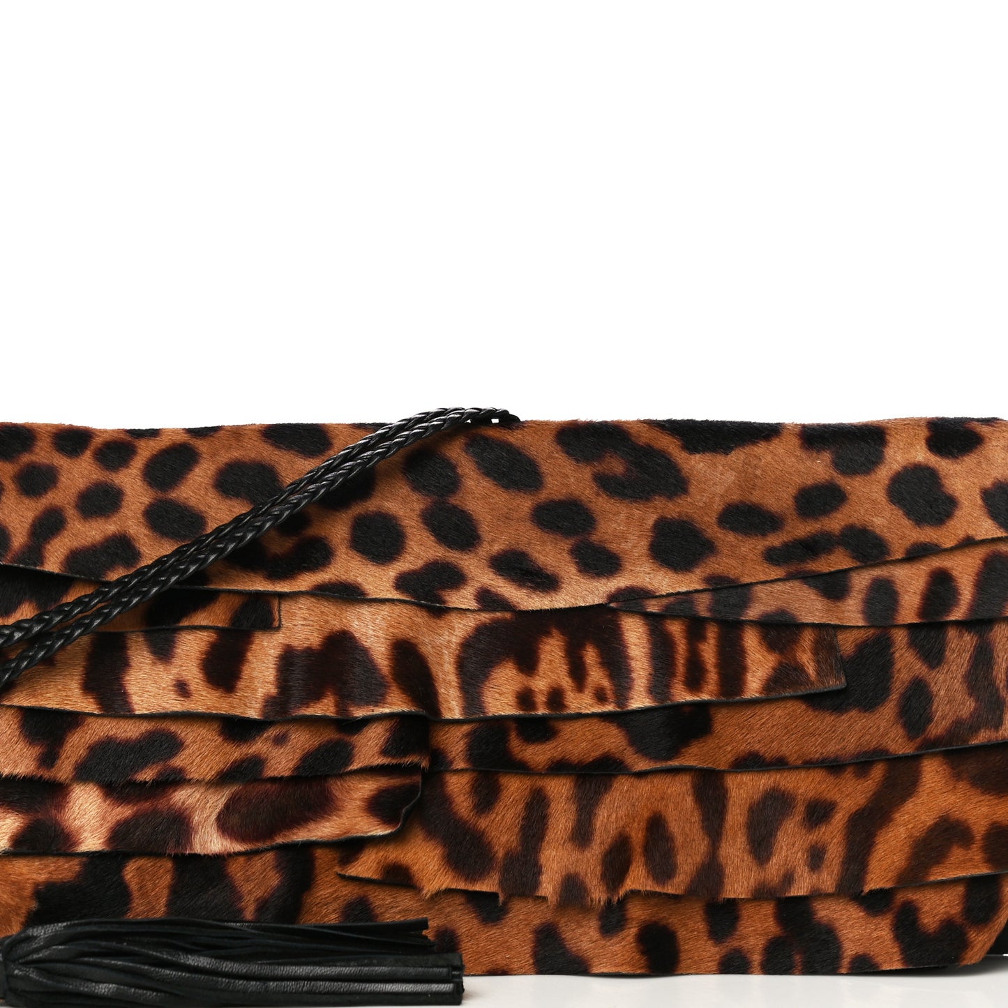 Calf Hair Ruffle Leopard Print Fold-Over Clutch Black