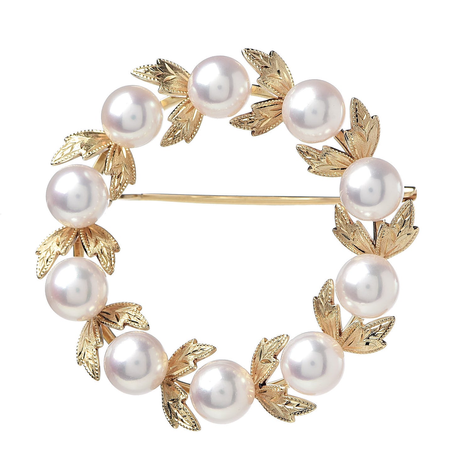 18K Yellow Gold Akoya Pearl 5.5-6mm Wreath Pin Brooch