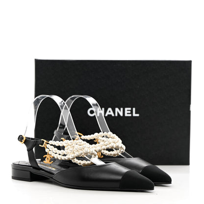 Chanel Lambskin Grosgrain Cap Toe Pearl Slingbacks 39 Black 14 of 14
