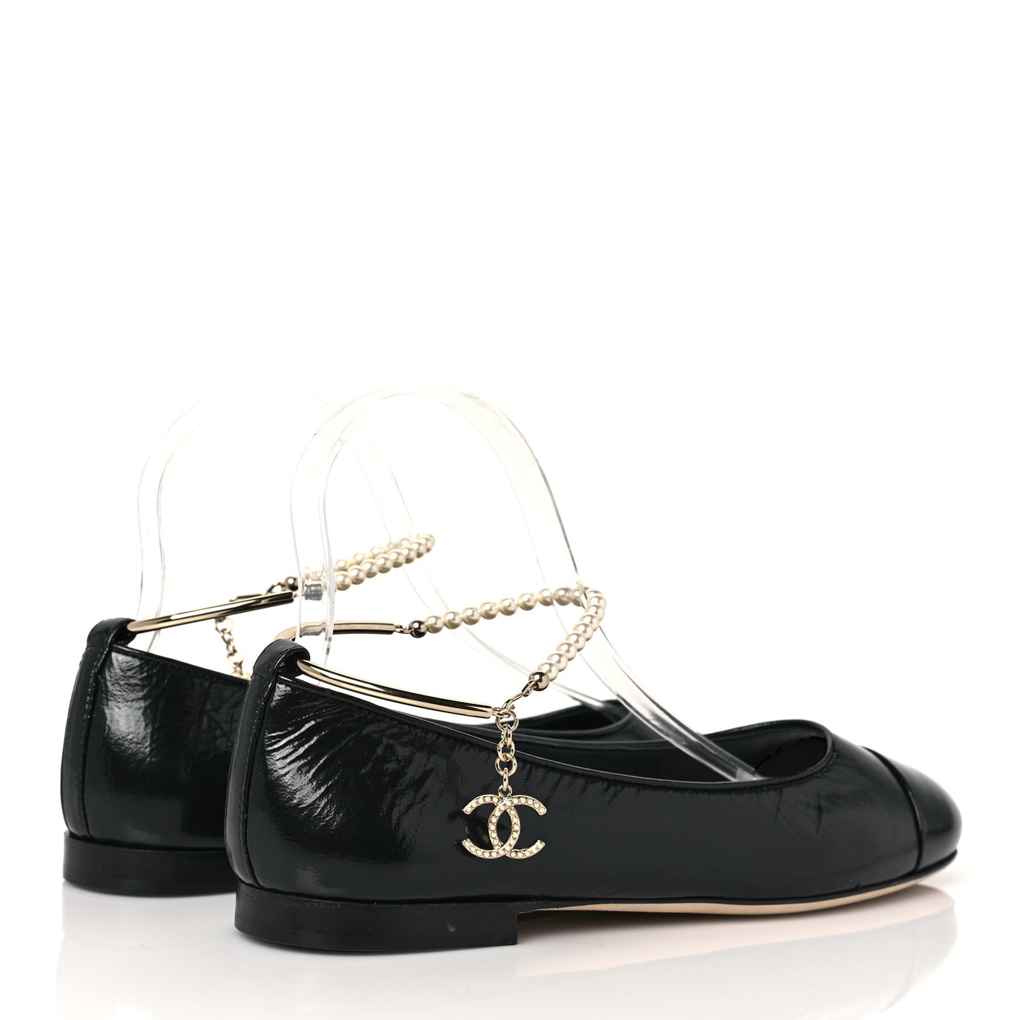 Lambskin Patent Calfskin Cap Toe Ankle Chain Ballerina Flats 39 Black