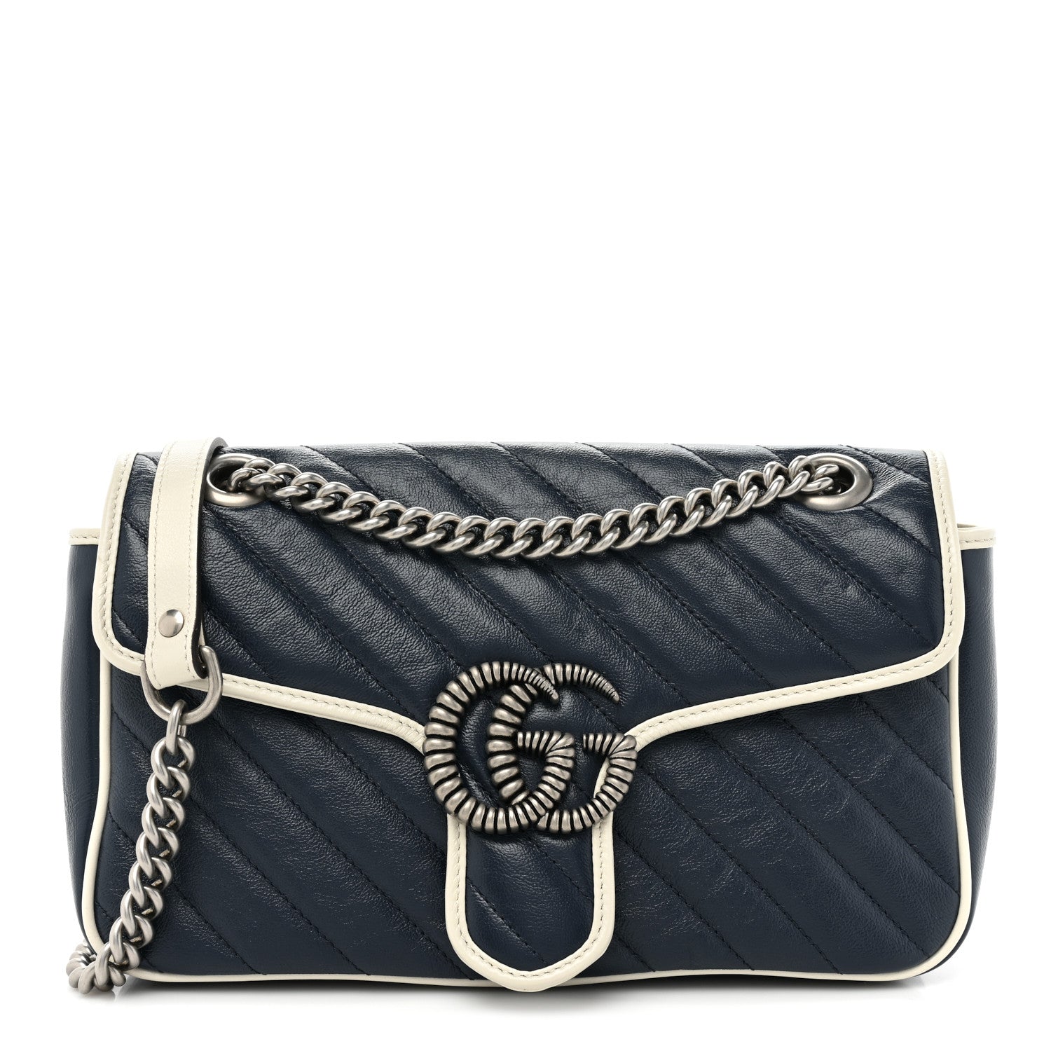 Gucci Vintage Effect Calfskin Matelasse Diagonal Small Torchon GG Marmont Shoulder Bag Blue Agata Mystic White 1 of 9