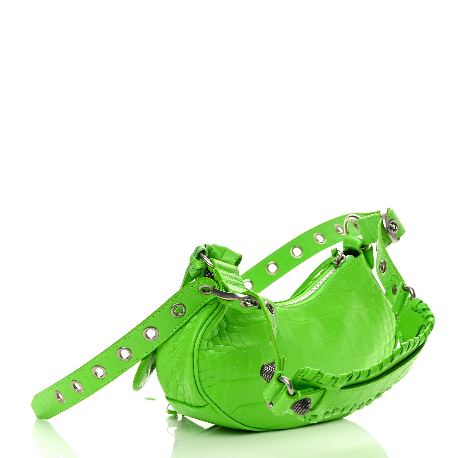 Balenciaga Extra Supple Calfskin Crocodile Embossed Le Cagole Shoulder Bag XS Acid Green 3 of 13