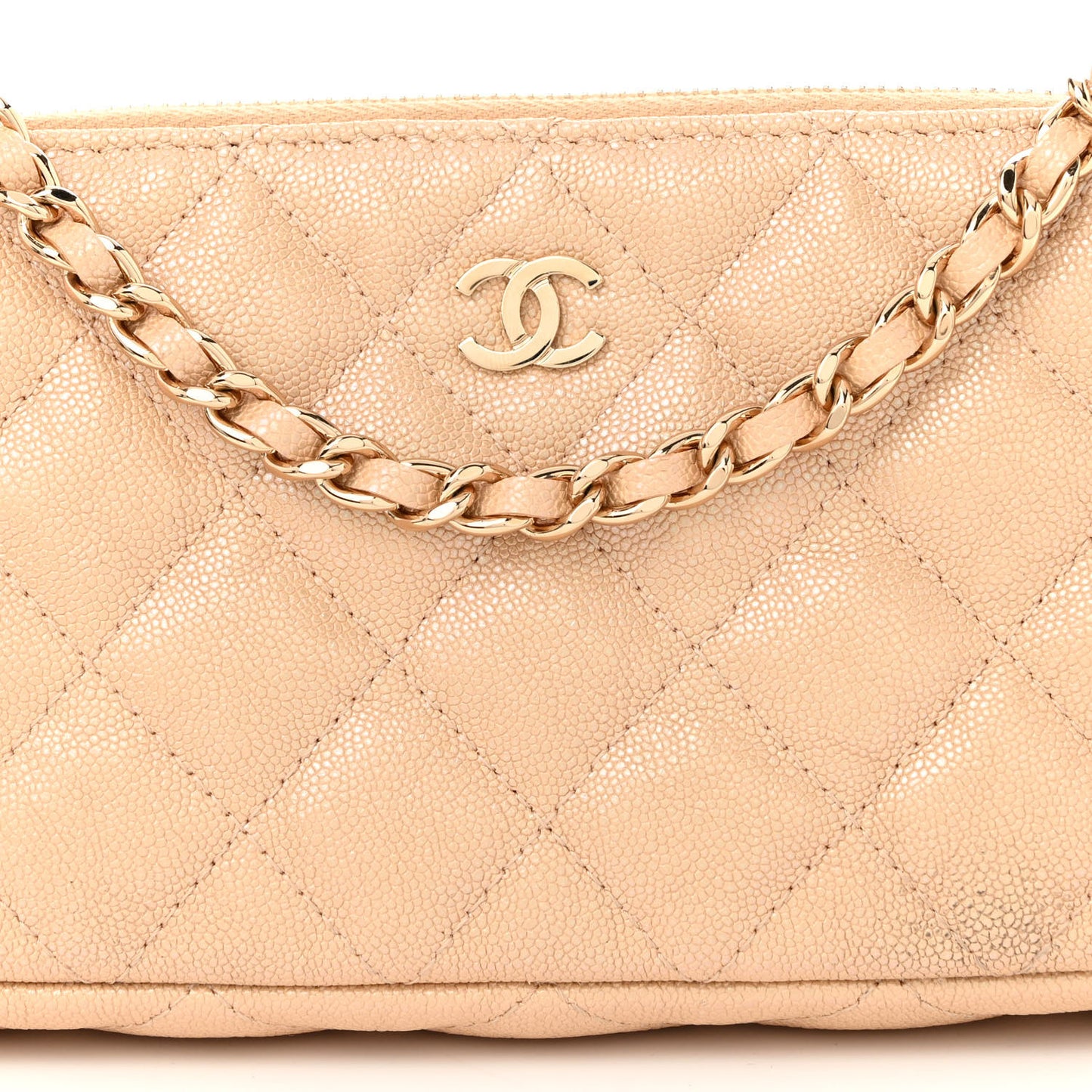 Iridescent Caviar Quilted Small Clutch With Chain Beige