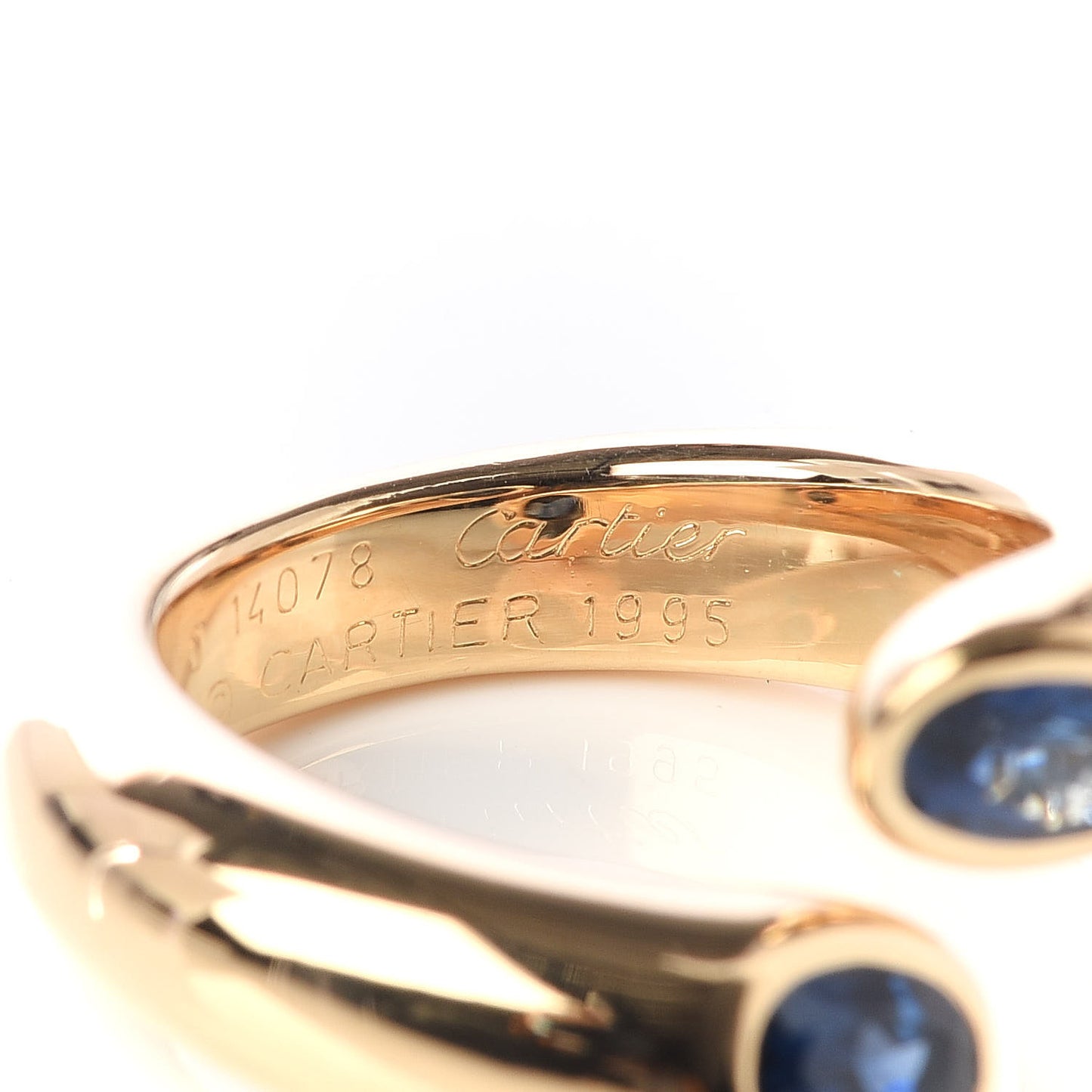 18K Yellow Gold Blue Sapphire Ellipse Deux Tetes Croisees Bypass Ring 49 4.75