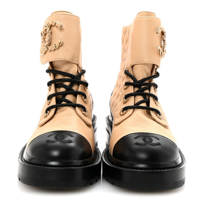 Chanel Lambskin Calfskin Quilted Lace Up Combat Boots 35.5 Beige Black 3 of 10
