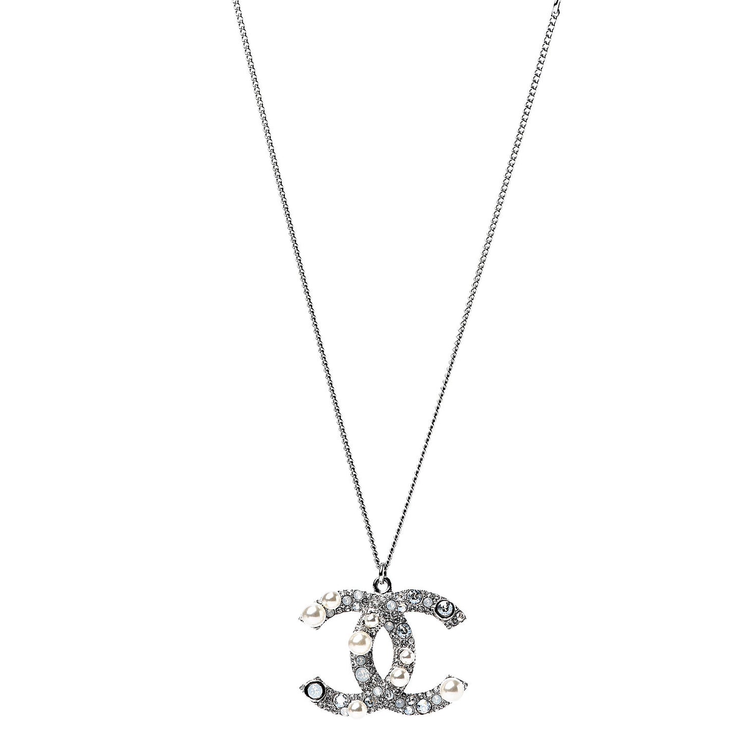 Pearl Crystal CC Pendant Necklace Silver