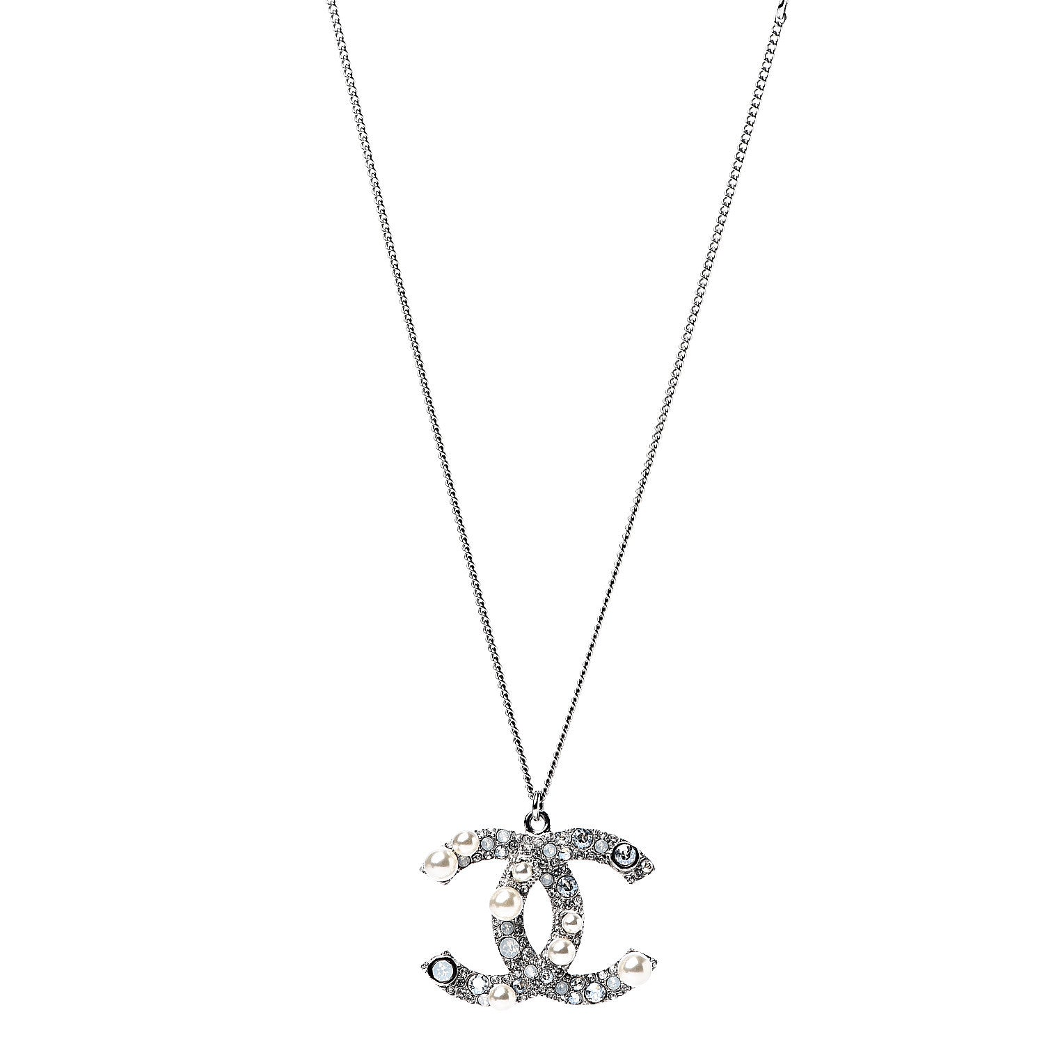 Chanel Pearl Crystal CC Pendant Necklace Silver 1 of 5