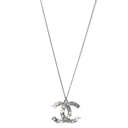 Chanel Pearl Crystal CC Pendant Necklace Silver 1 of 5