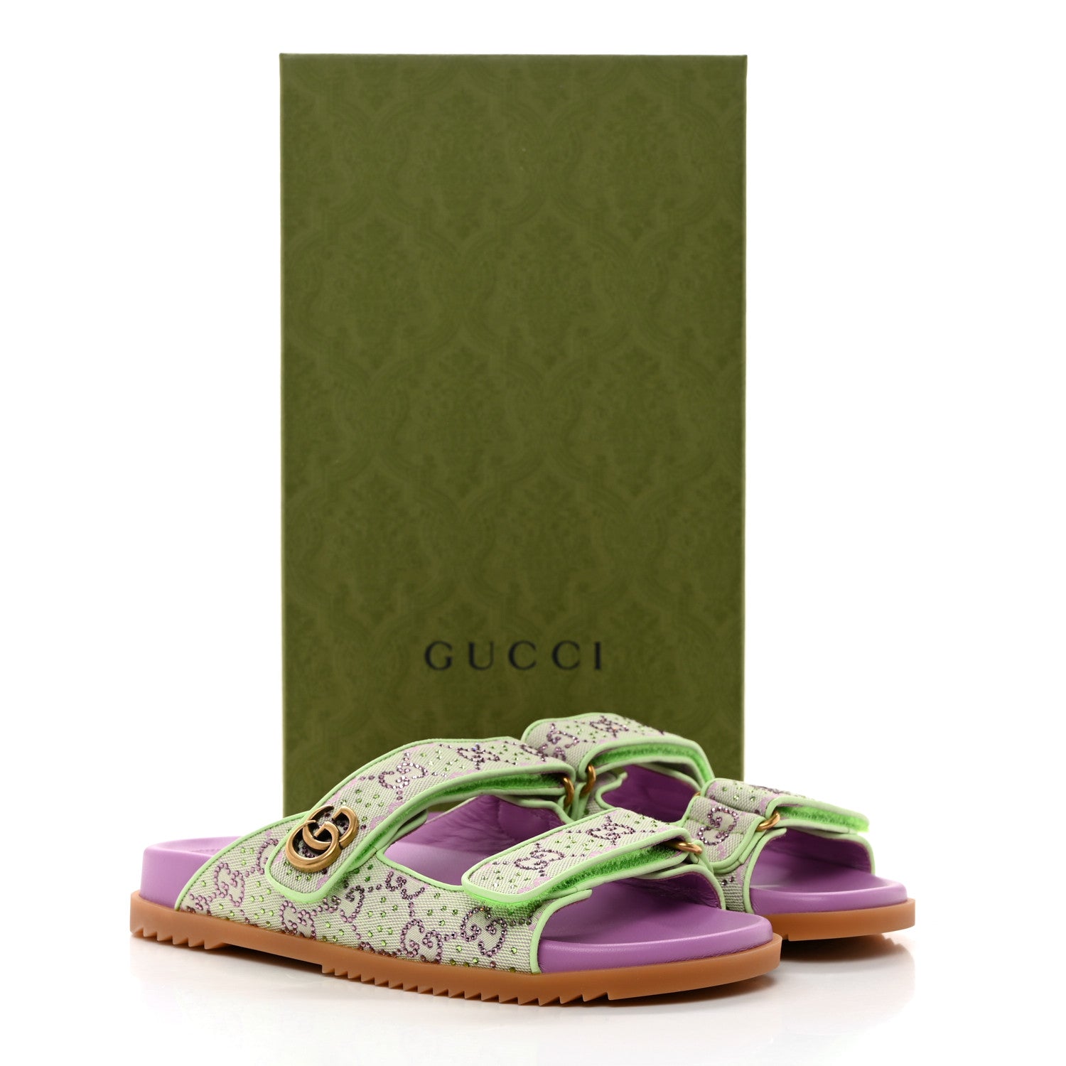 Gucci GG New Canvas Nappa Crystal Womens Slide Sandals With Straps 38 Purple Green 9 of 9