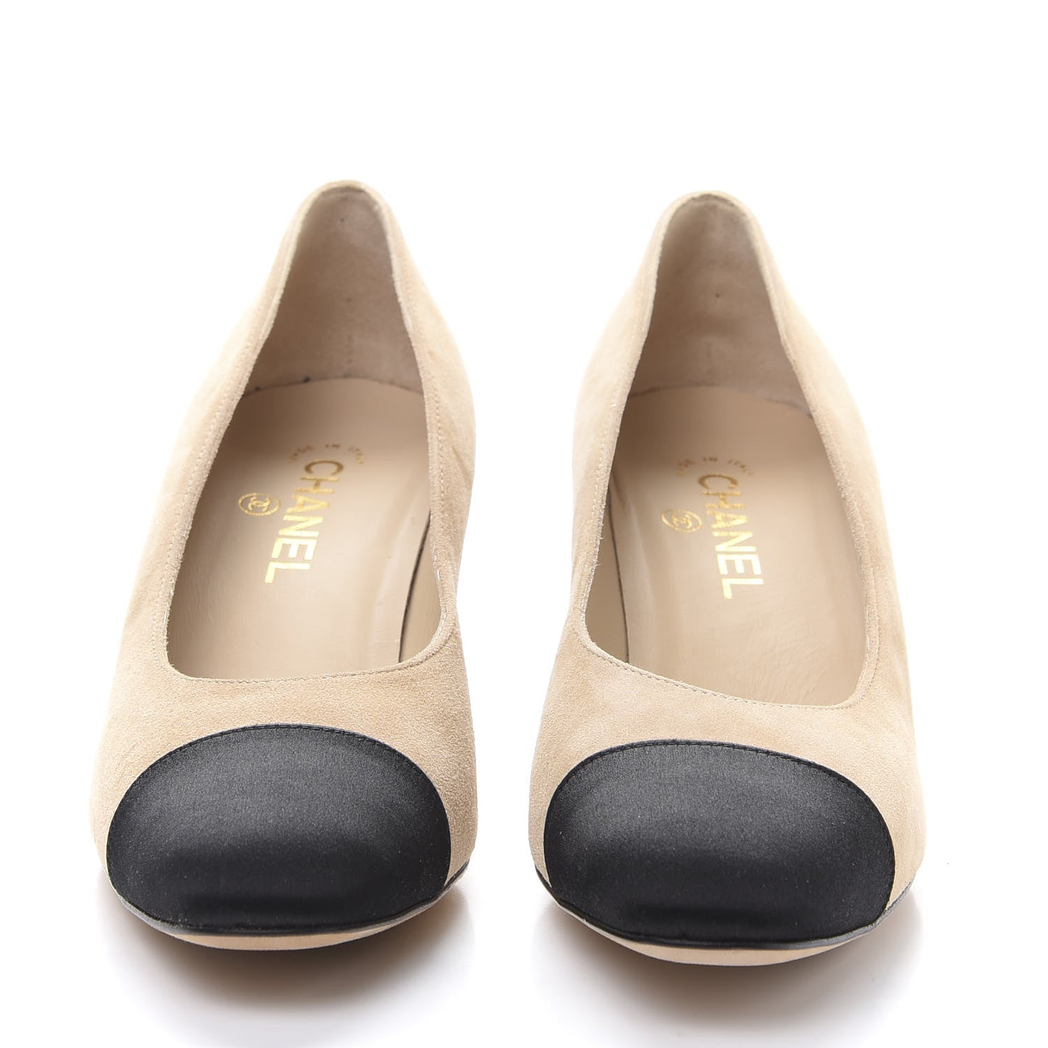 Chanel Suede Satin Cap Toe Low Heel Pumps 41 Beige Black 2 of 9