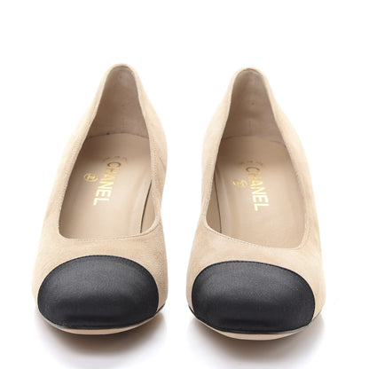 Chanel Suede Satin Cap Toe Low Heel Pumps 41 Beige Black 2 of 9
