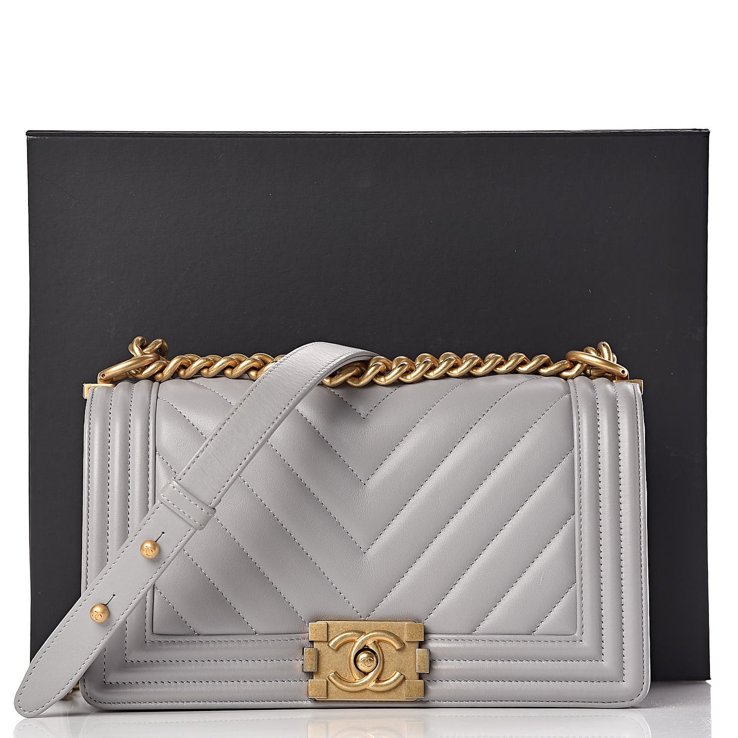 Calfskin Chevron Quilted Medium Boy Flap Grey