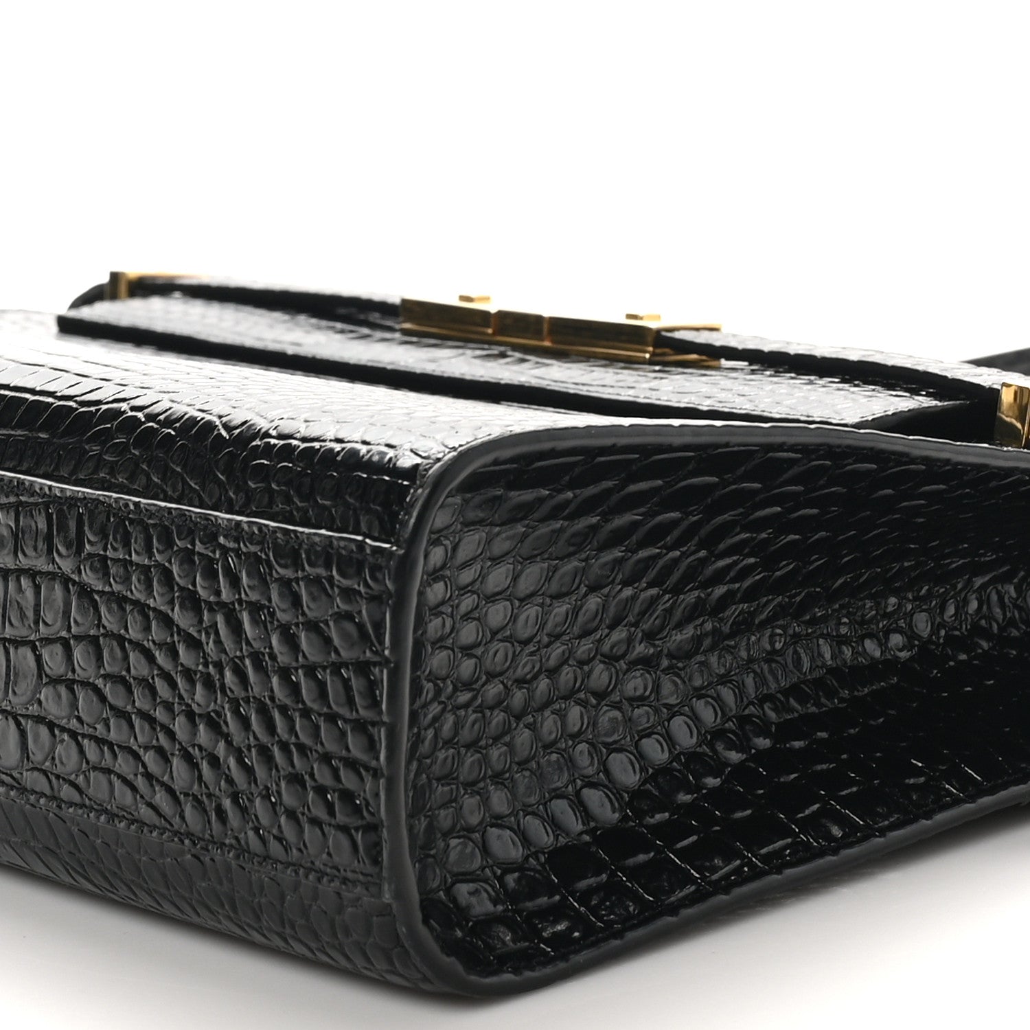 Saint Laurent Shiny Calfskin Crocodile Embossed Manhattan Baguette Black 10 of 10