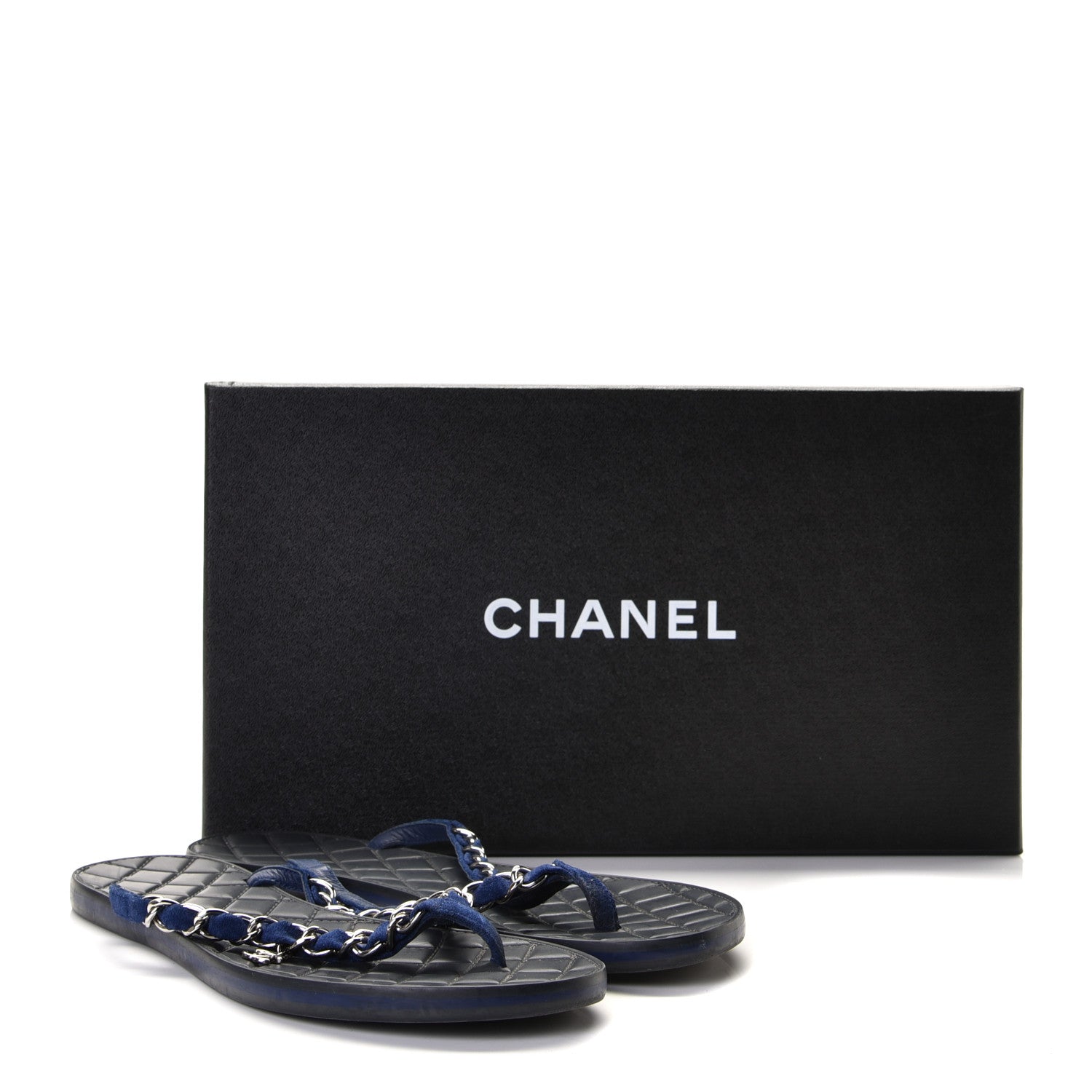 Chanel Suede Calfskin Quilted Chain Thong Sandals 38.5 Navy Blue 9 of 9