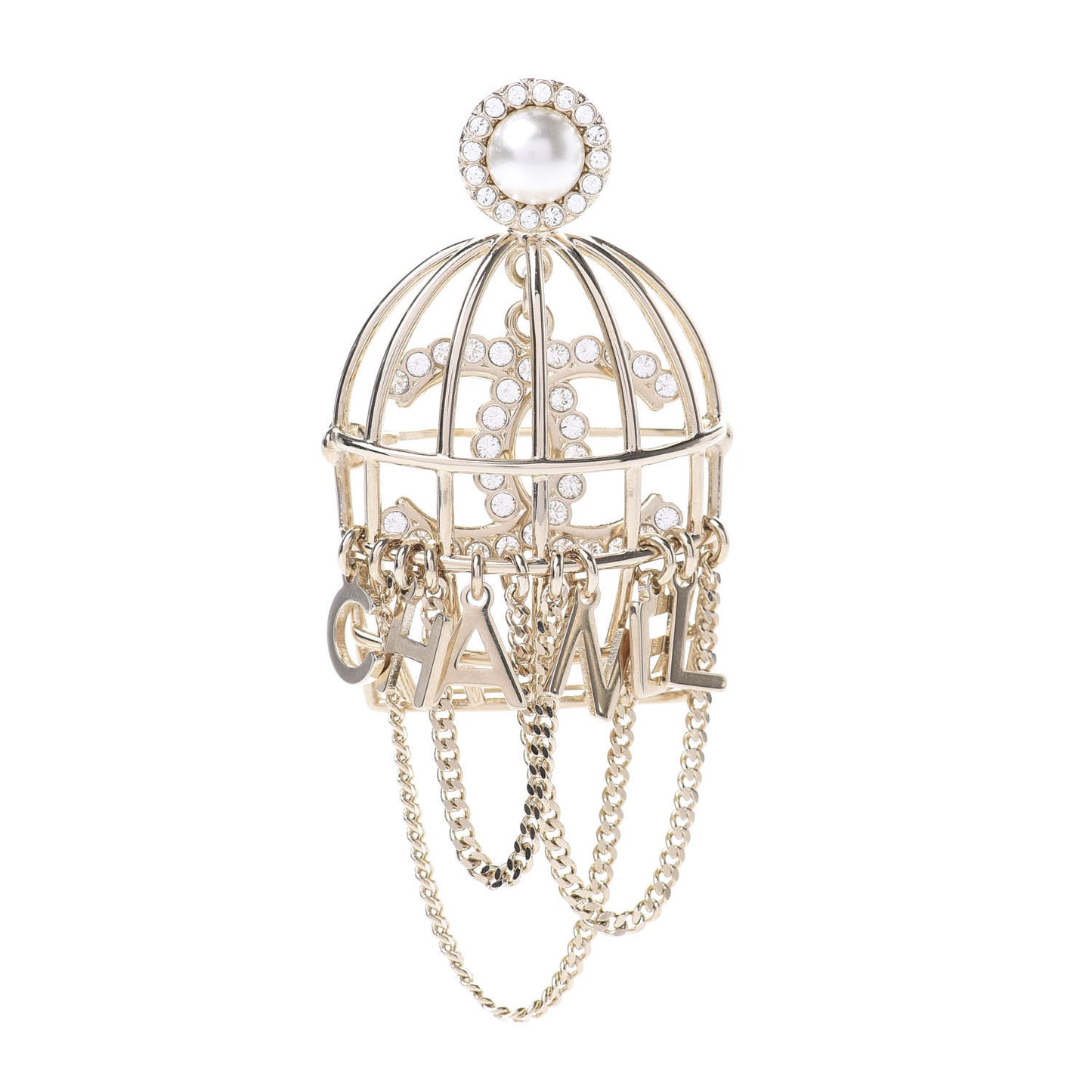 Pearl Crystal Birdcage Pin Brooch Light Gold