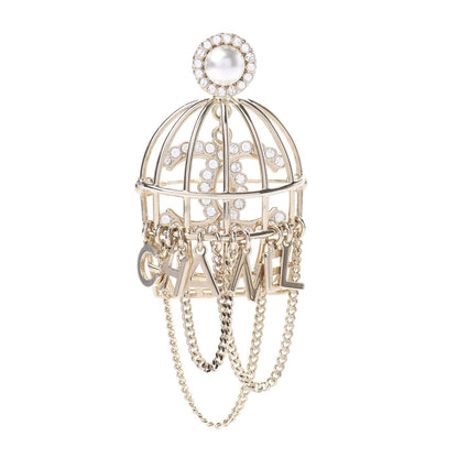 Chanel Pearl Crystal Birdcage Pin Brooch Light Gold 1 of 4
