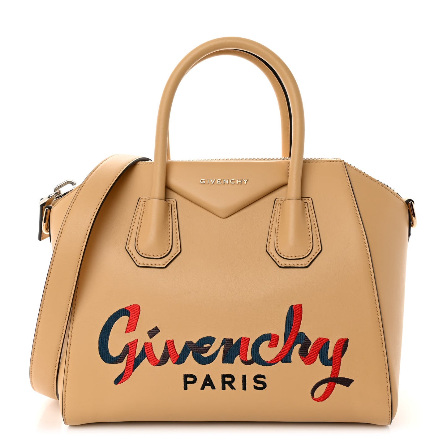 Calfskin Embroidered Logo Small Antigona Beige Camel