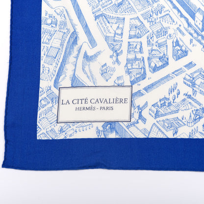 Hermes Cashmere Silk La Cite Cavaliere Shawl 140 Bleu Roy White Encre 4 of 5