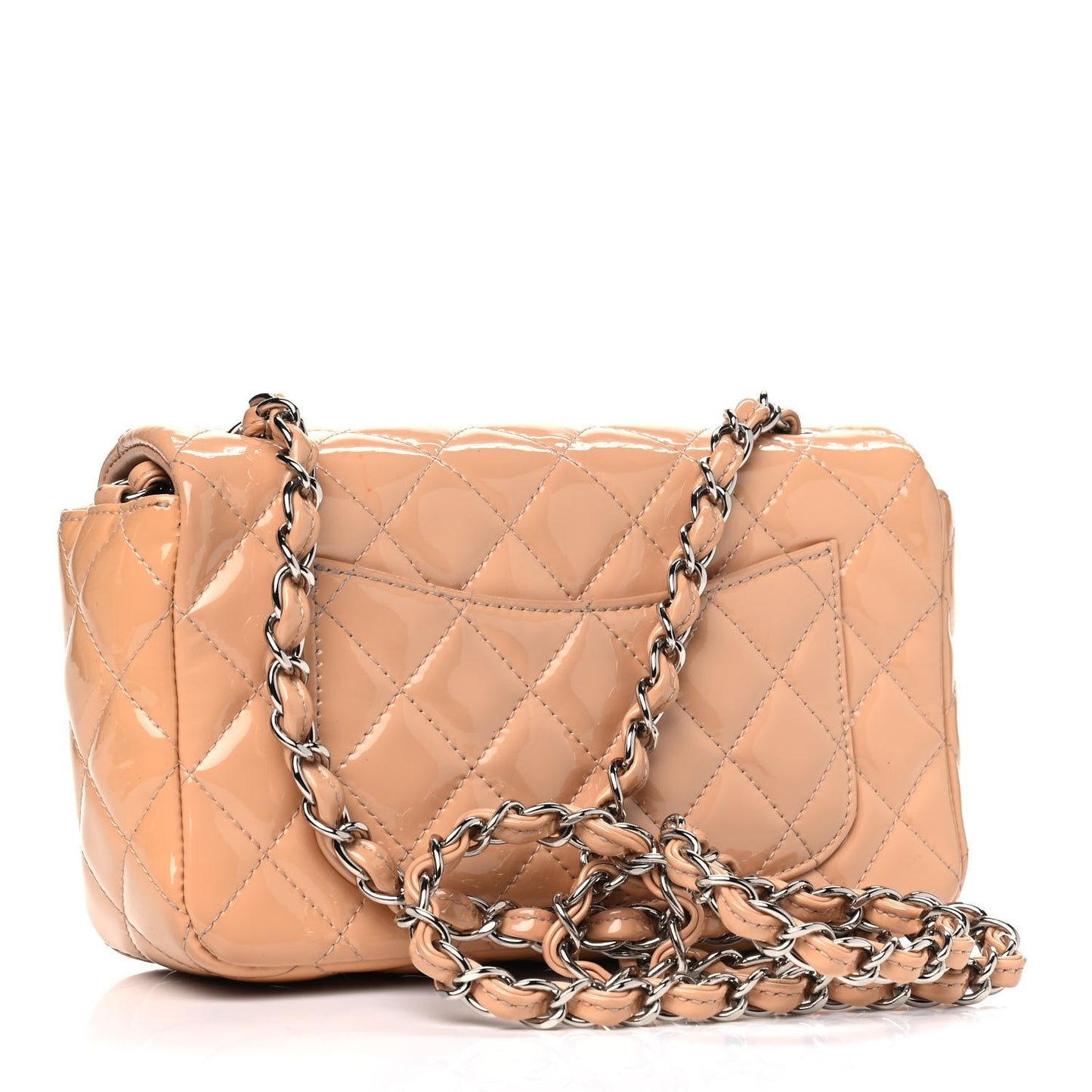 Patent Calfskin Quilted Mini Rectangular Flap Beige