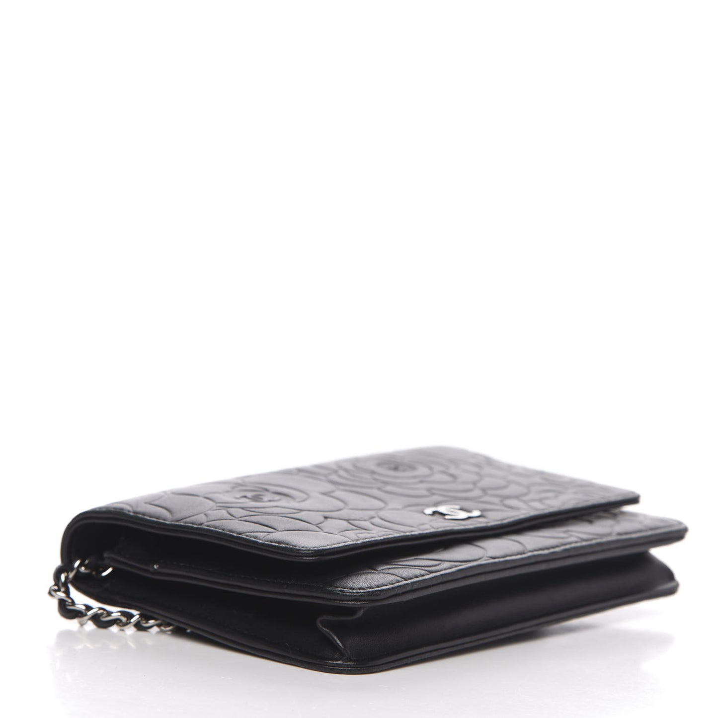 Lambskin Camellia Embossed Wallet on Chain WOC Black