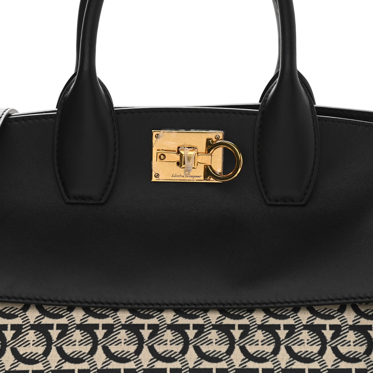 Salvatore Ferragamo Canvas Calfskin Gancini The Studio Bag Black Beige 8 of 11