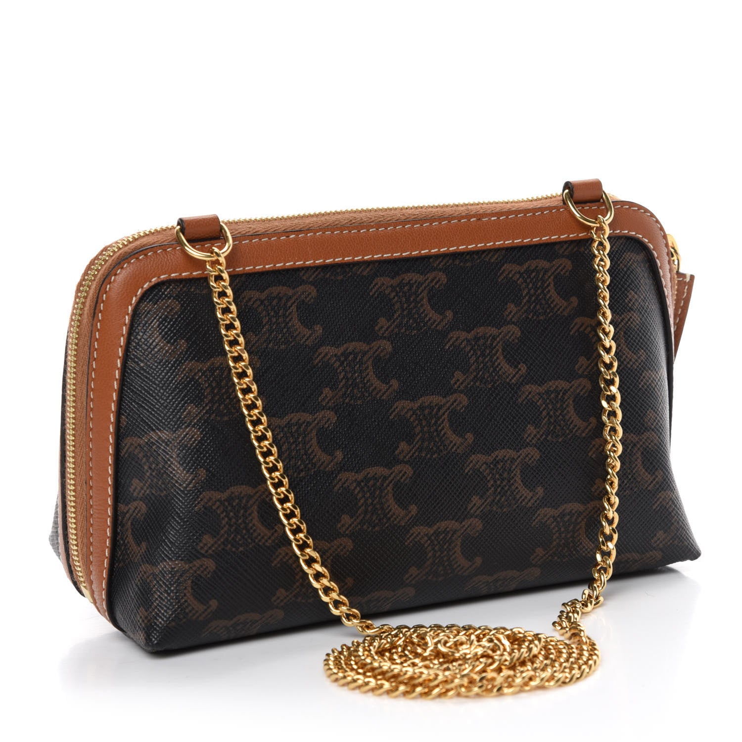 Celine Triomphe Canvas Calfskin Mini Clutch on Chain Tan 3 of 10