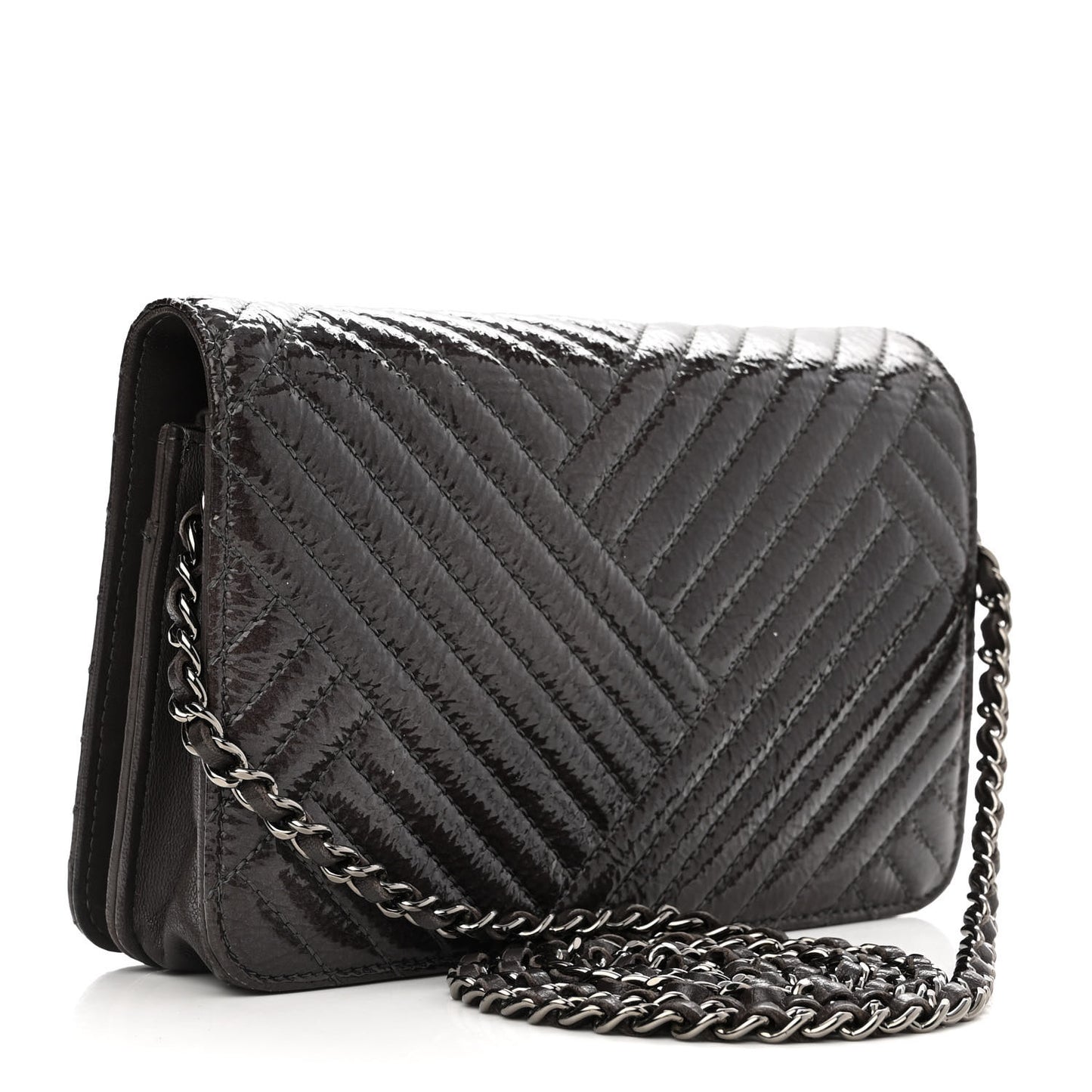 Distressed Patent Chevron Quilted CC Crossing Wallet On Chain WOC Grey