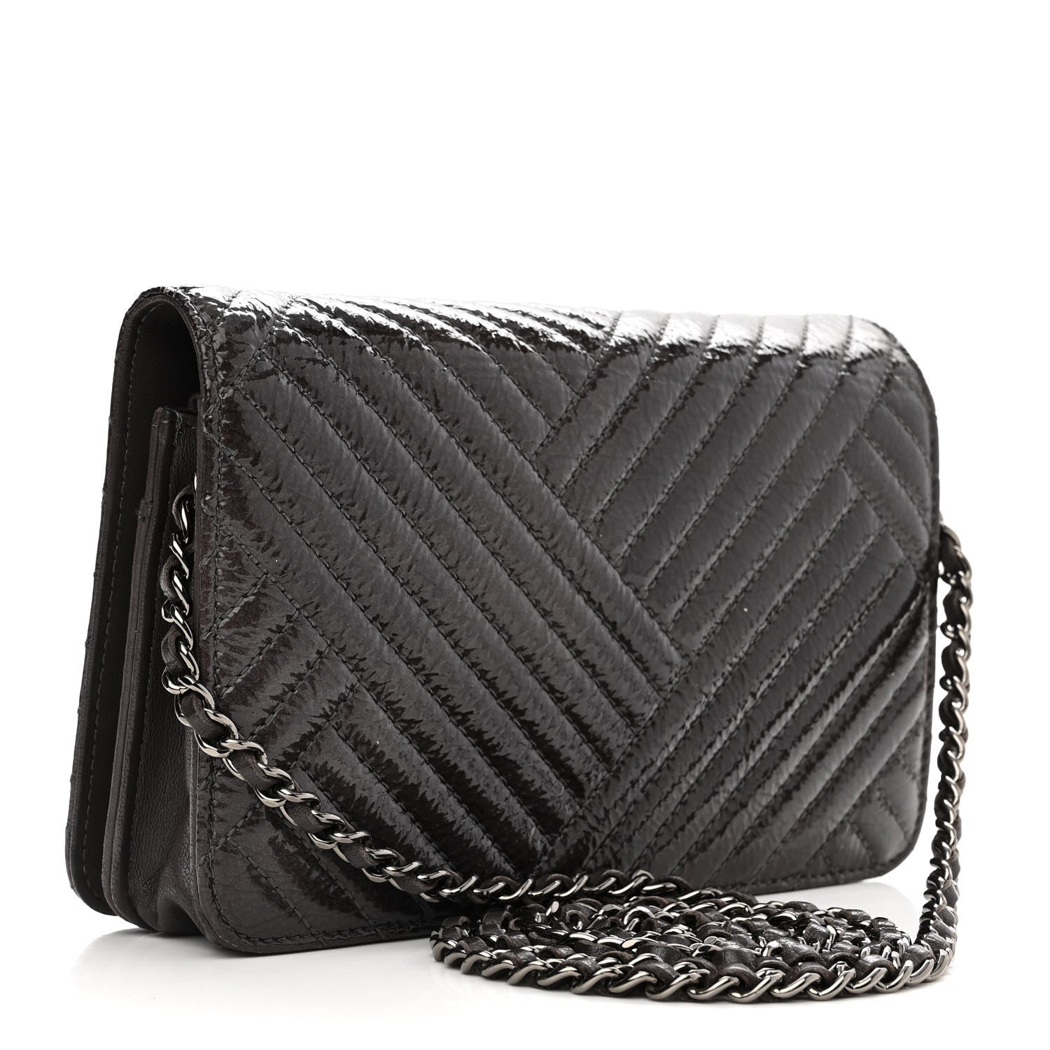 Chanel Distressed Patent Chevron Quilted CC Crossing Wallet On Chain WOC Grey 2 of 14