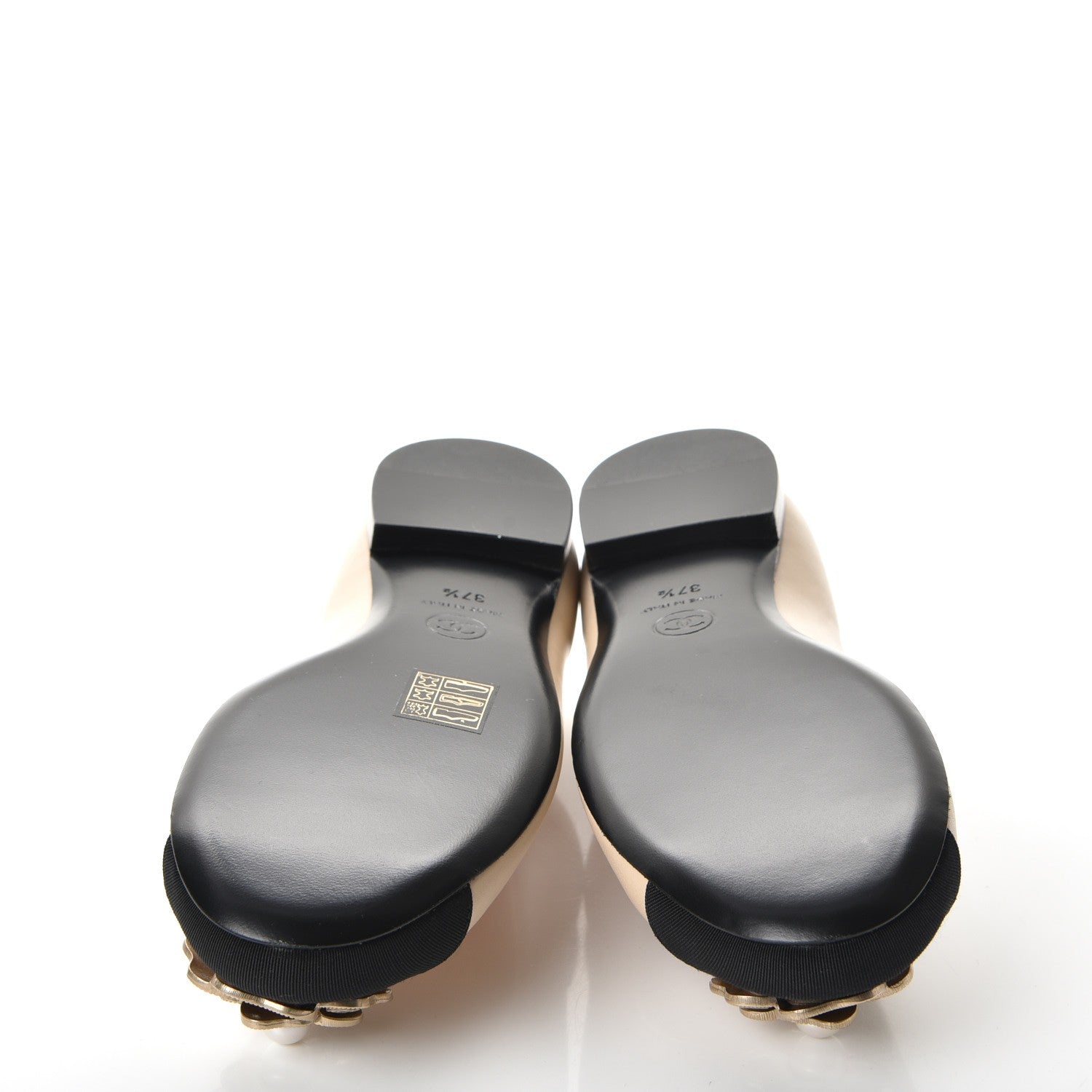 Chanel Lambskin Grosgrain Pearl Camellia Ballerina Flats 37.5 Beige Black 5 of 9